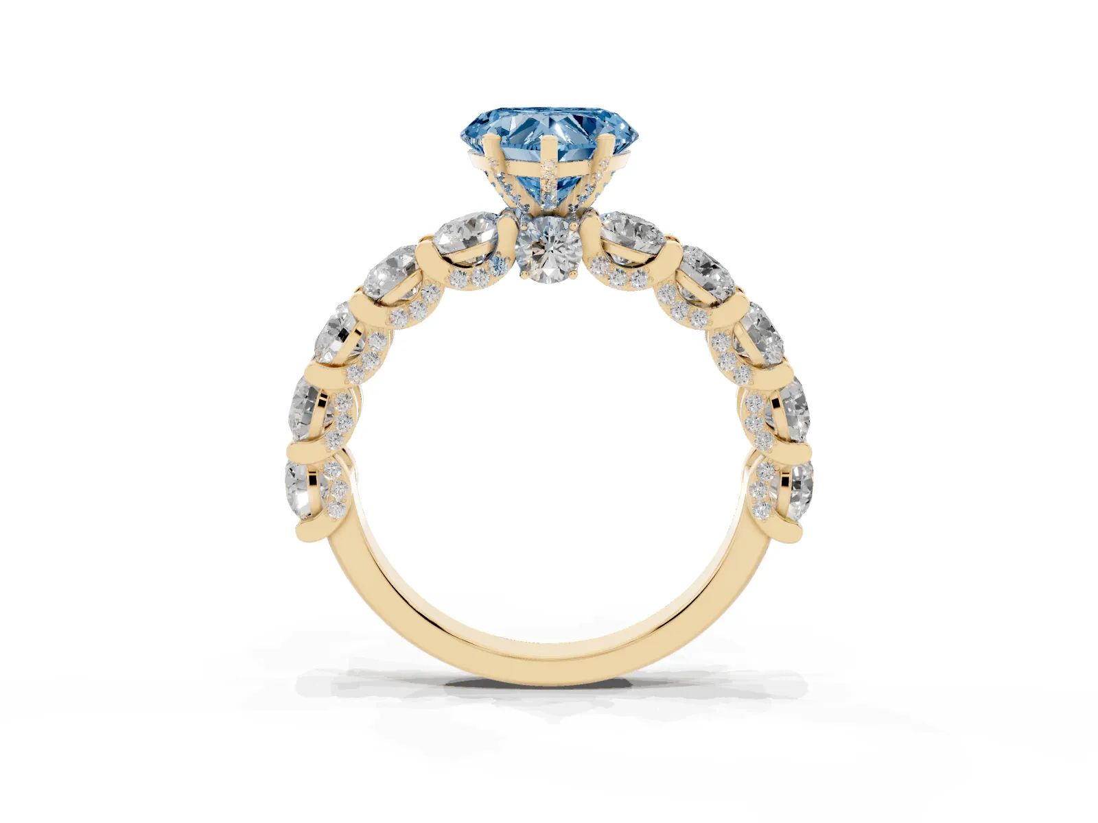 Fancy Blue Heart Cut Diamond Side Stone Engagement Ring with Four-Prong Setting Yellow gold