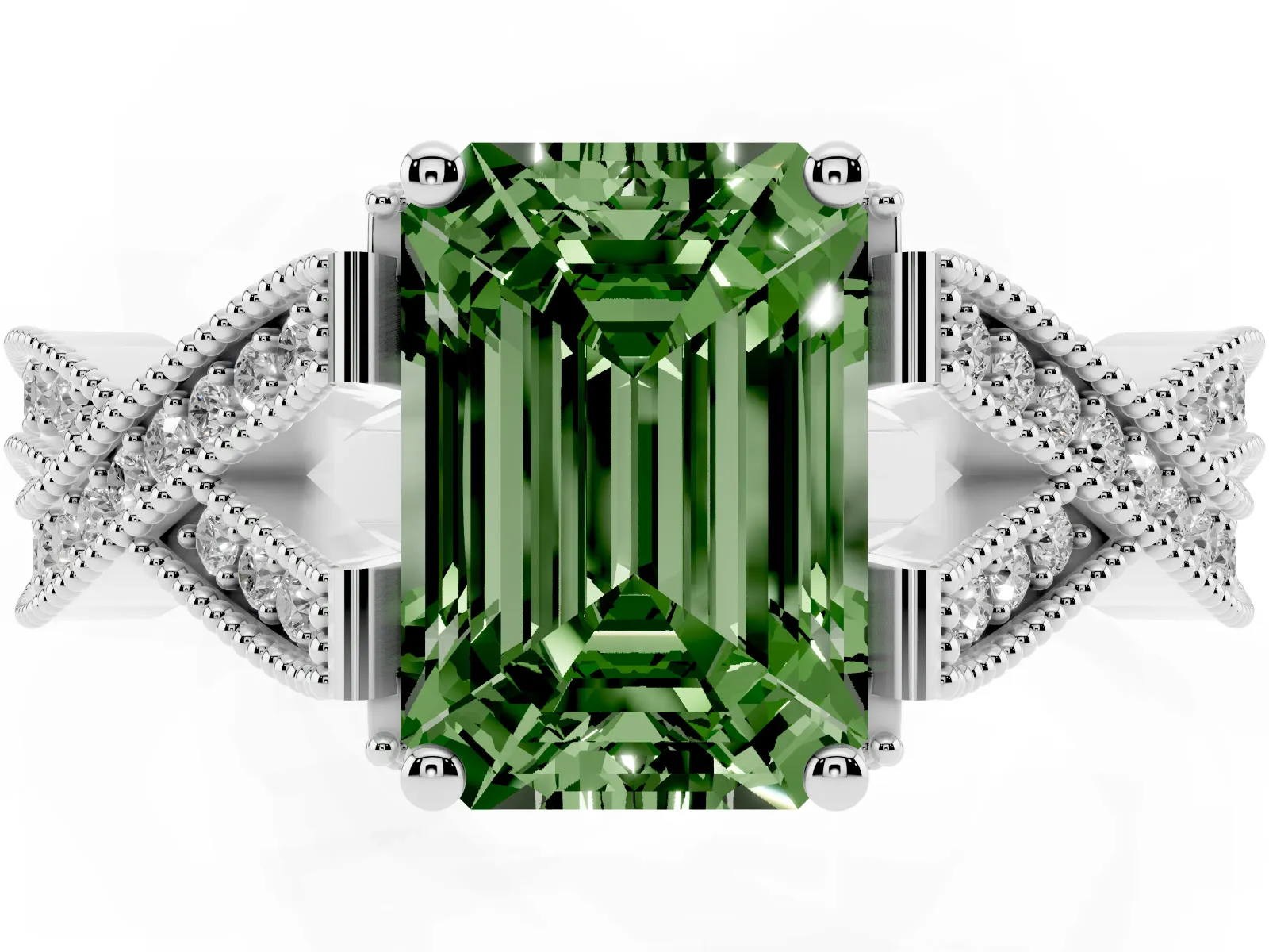 Fancy Green Emerald Cut Cut Diamond Twisted Band with Milgrain Pave Setting and Four-Prong Setting Platinum