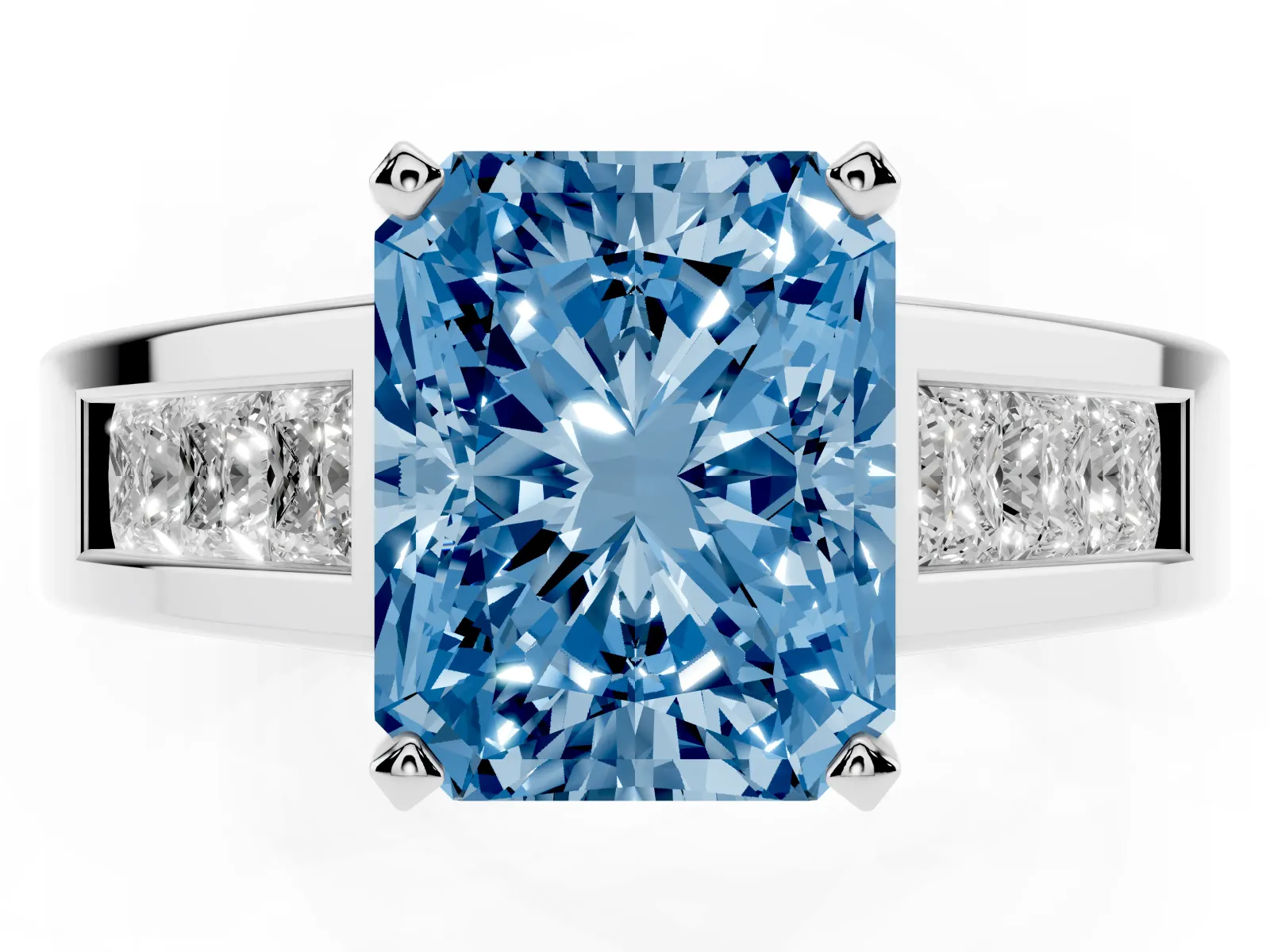 Fancy Blue Radiant Cut Cut Channel Set Solitaire Ring with Four-Prong Setting Platinum