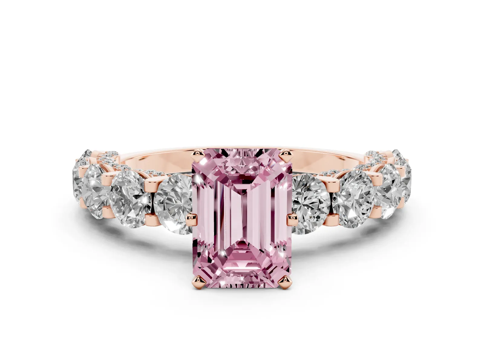 Fancy Pink Emerald Cut Diamond Side Stone Engagement Ring with Four-Prong Setting Rose gold