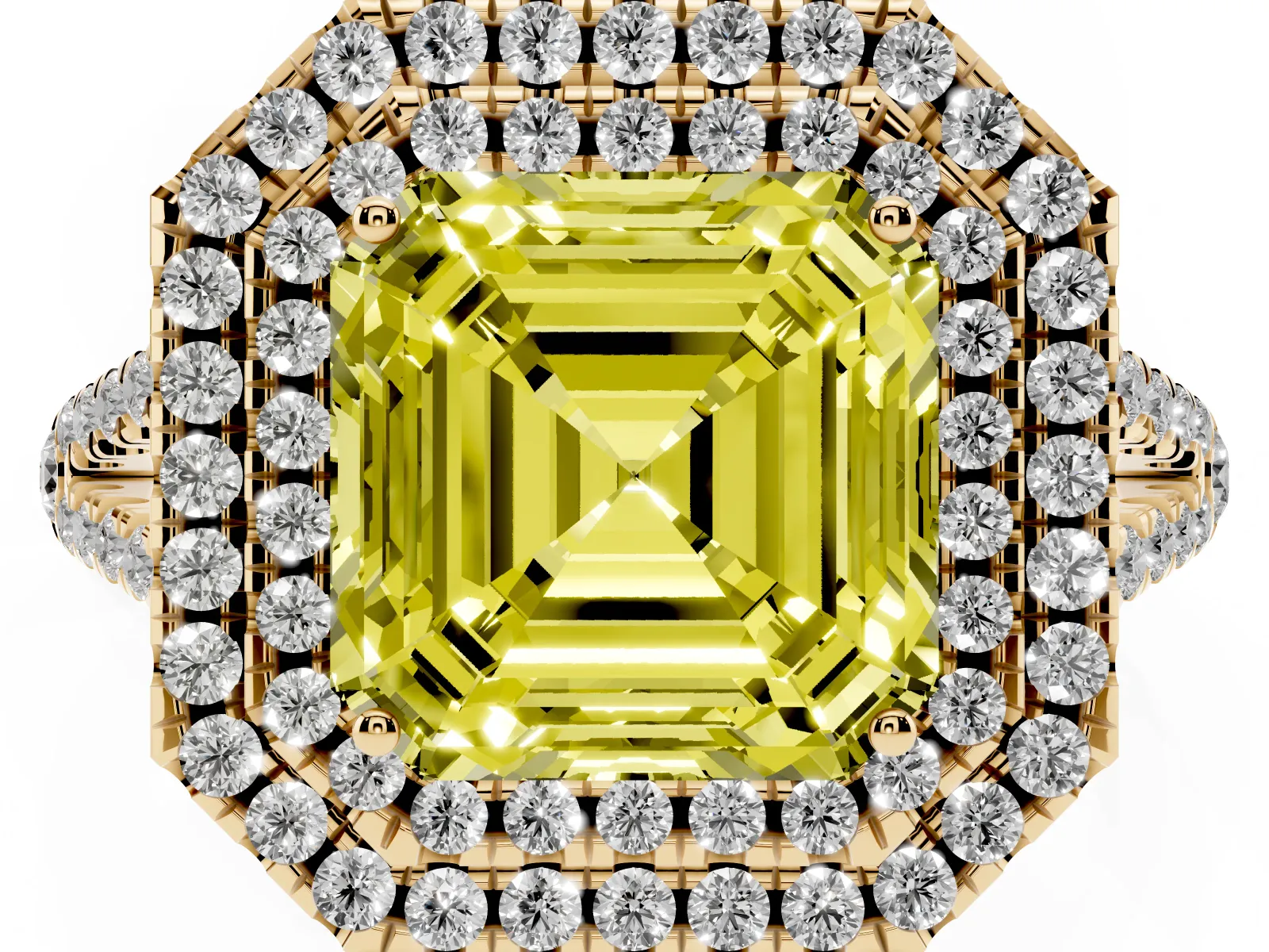 Fancy Yellow Asscher Cut Diamond Double Halo Ring with Pavé Band and Prong Setting Yellow gold