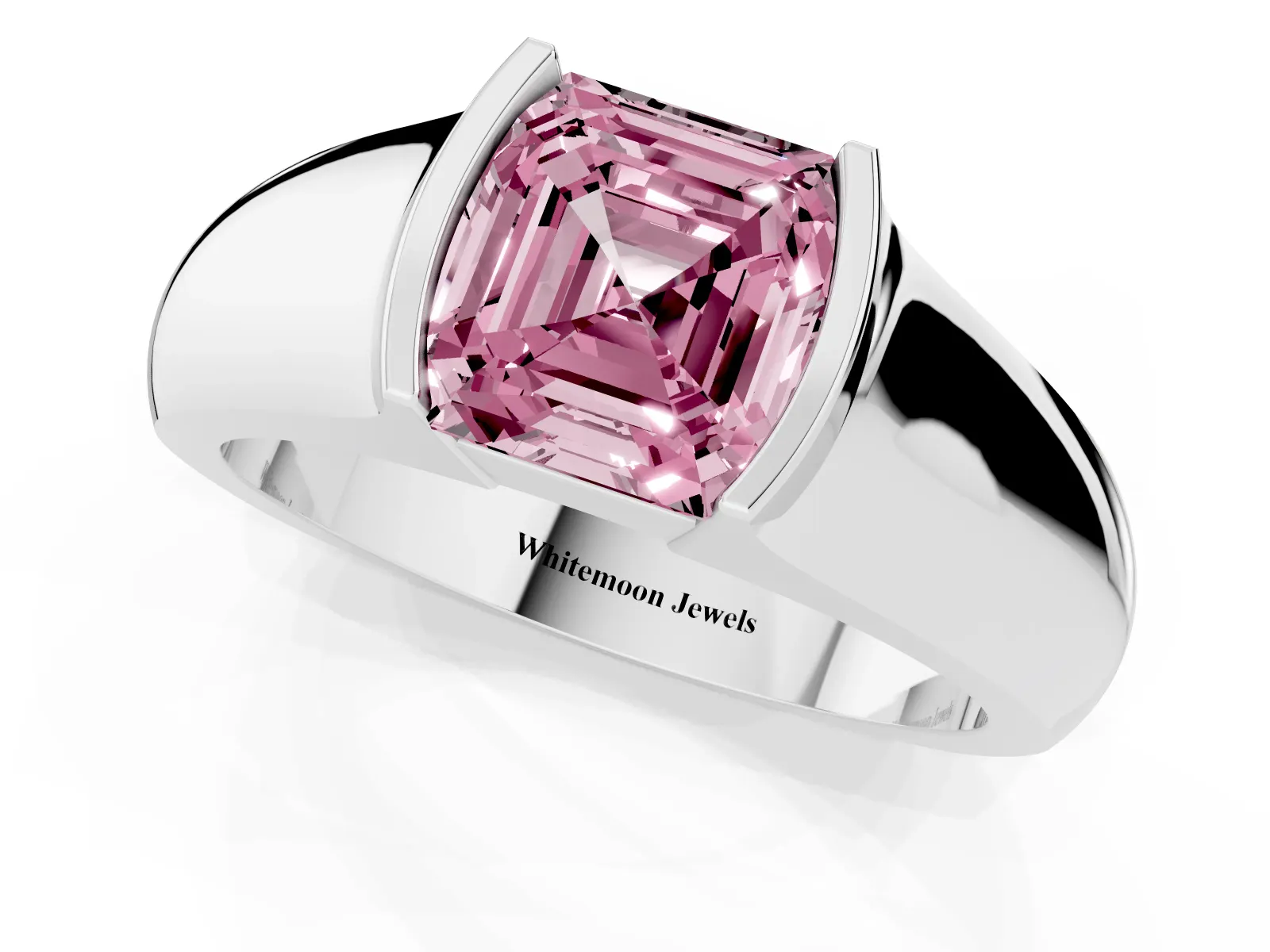 Fancy Pink Asscher Cut Solitaire Bezel Set Diamond Ring with Wide Band Platinum