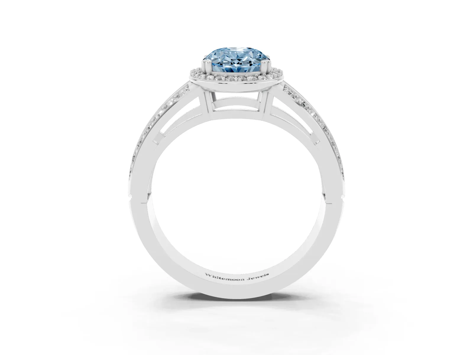Fancy Blue Oval Cut Diamond Halo Ring with Split Shank Pavé Band and Four-Prong Setting White gold