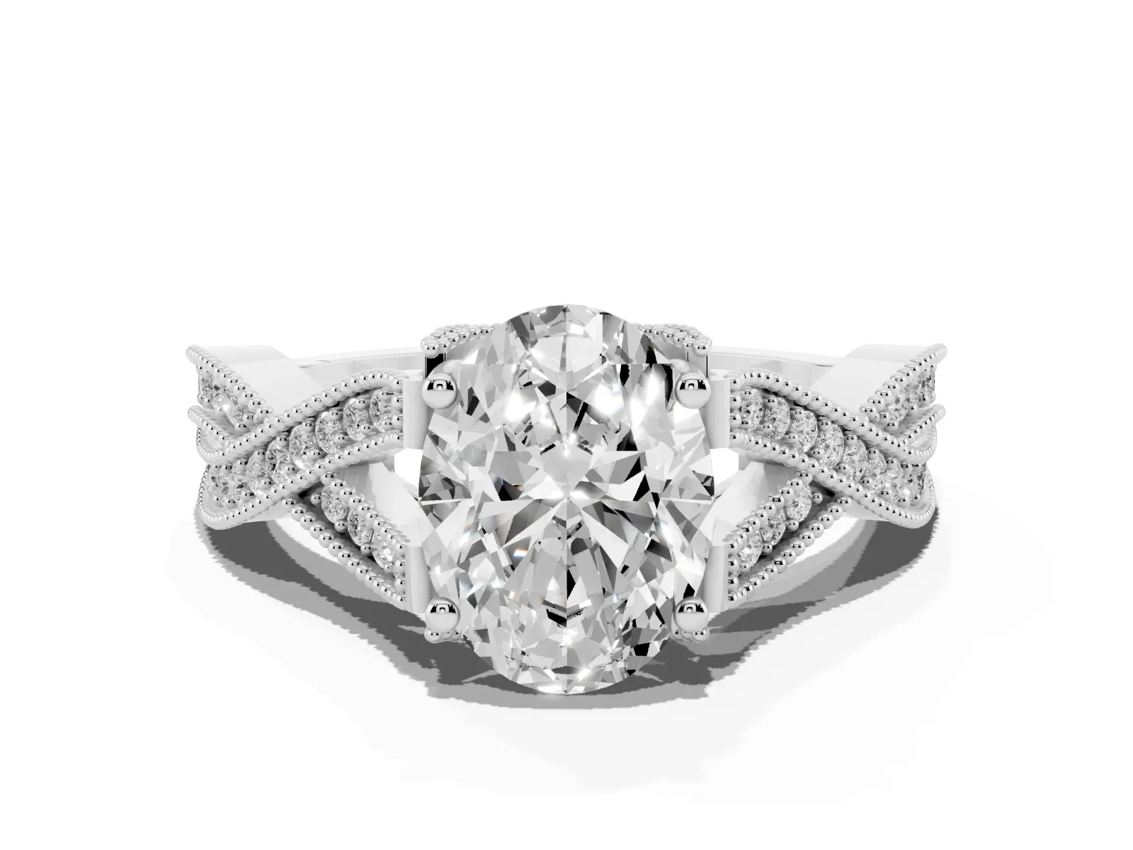 Oval Cut Cut Diamond Twisted Band with Milgrain Pave Setting and Four-Prong Setting Platinum