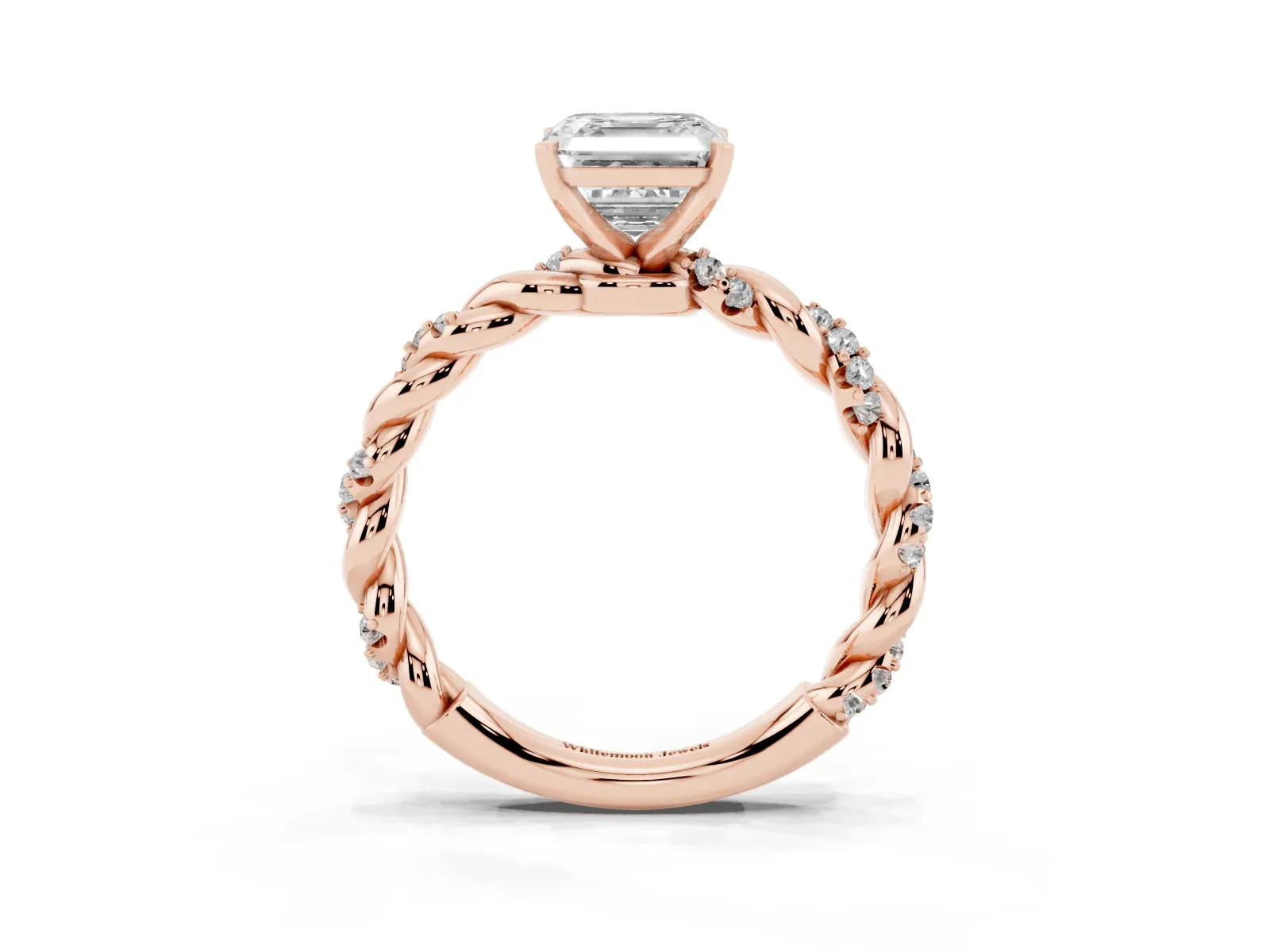Asscher Cut Diamond Solitaire Ring with Twisted Band and Pavé Accents Rose gold