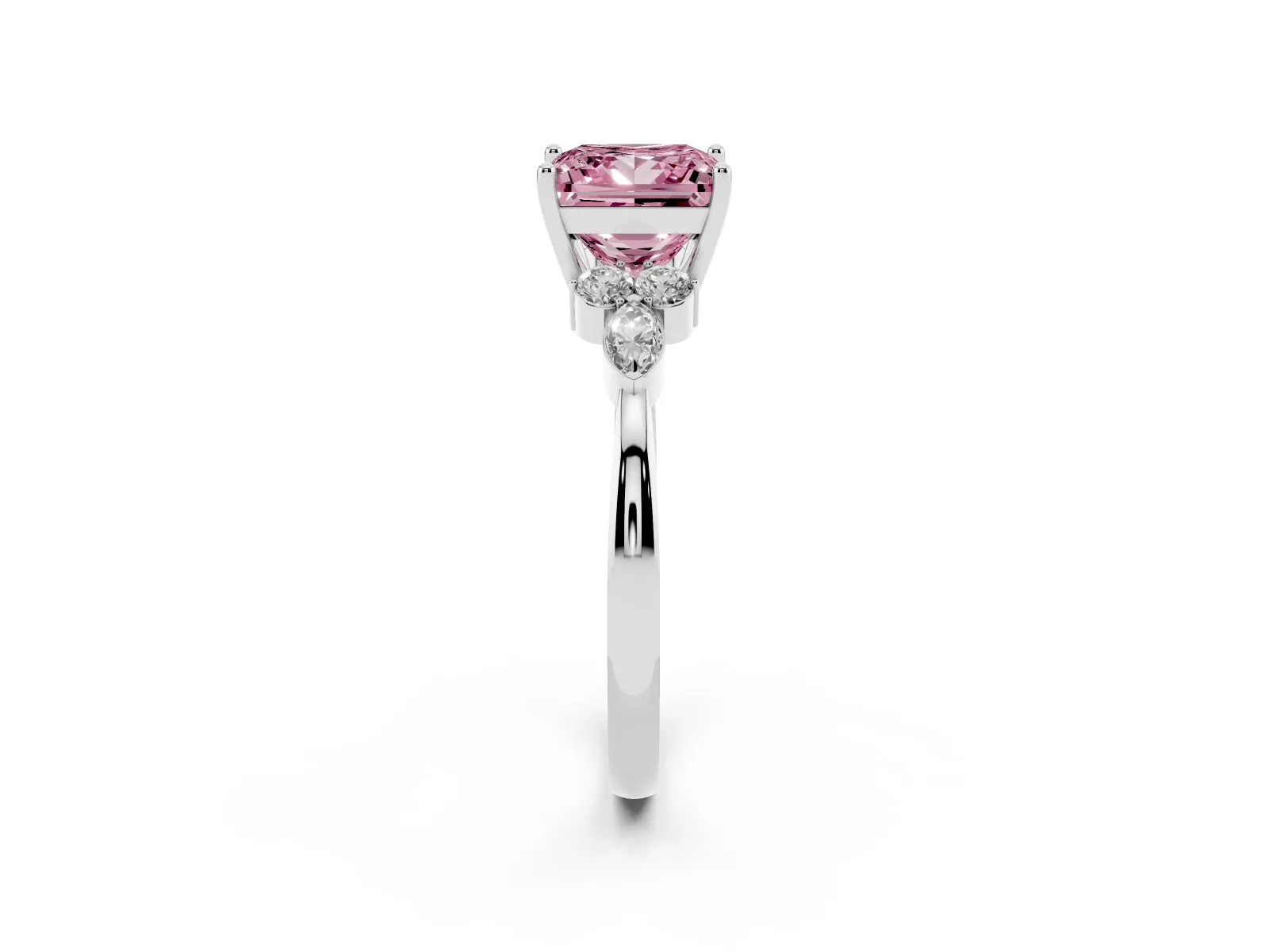 Fancy Pink Princess Cut Brilliant Diamond Solitaire Ring with Pear Side Stones and Four-Prong Setting Platinum