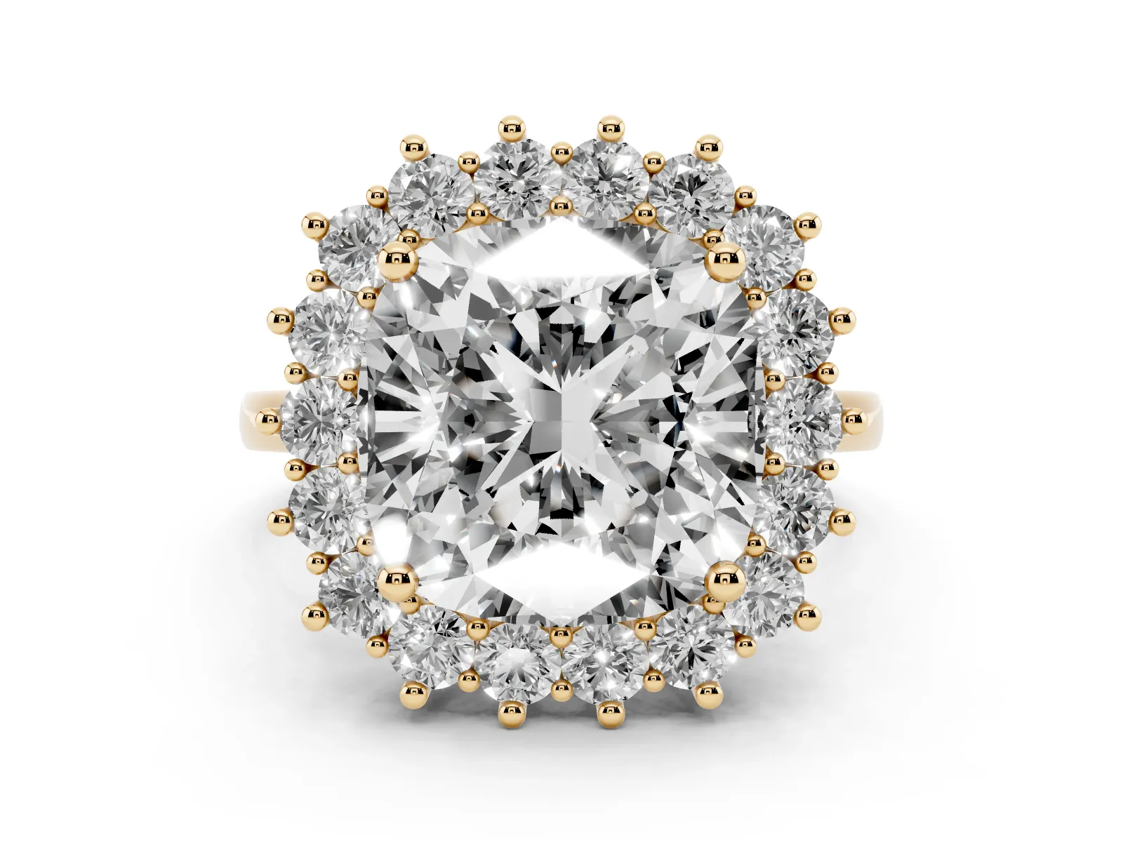 Cushion Diamond Halo Engagement Ring with Round Diamond Accents Yellow gold