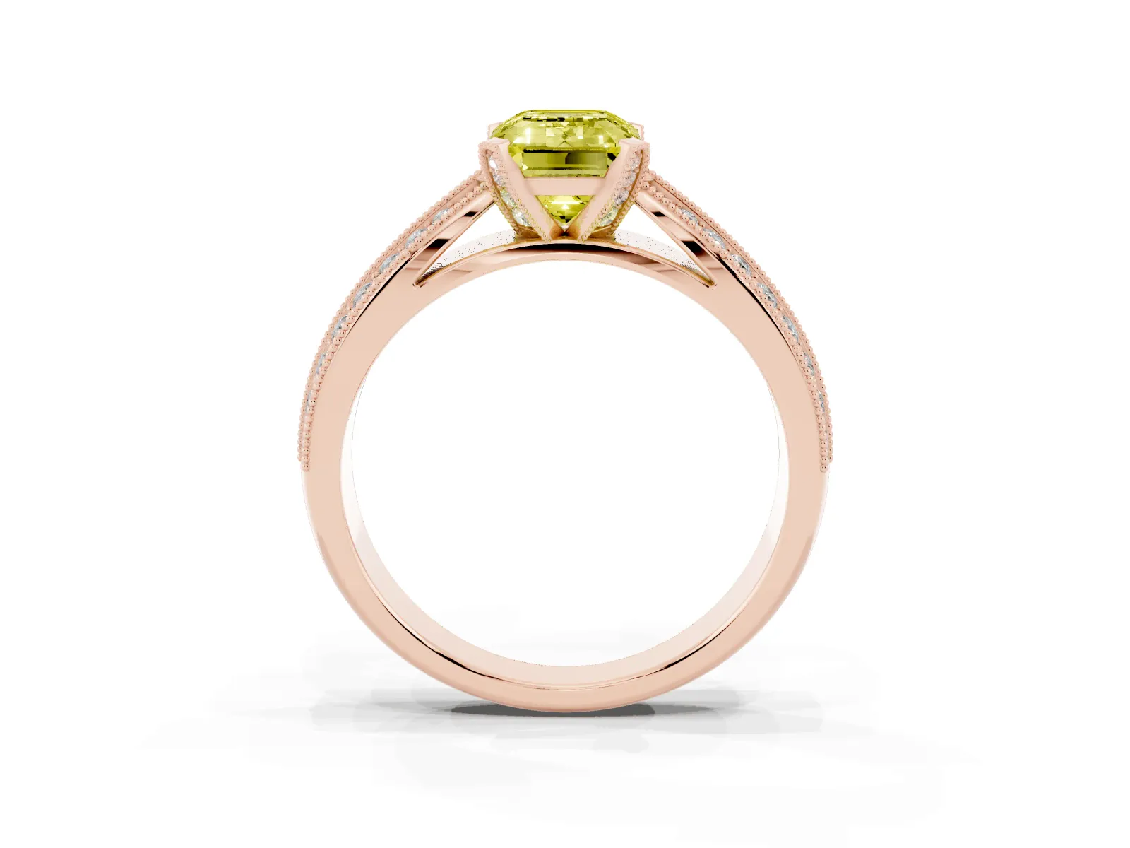 Fancy Yellow Emerald Cut Diamond Solitaire Ring with Milgrain Round Pavé Band and Prong Setting Rose gold