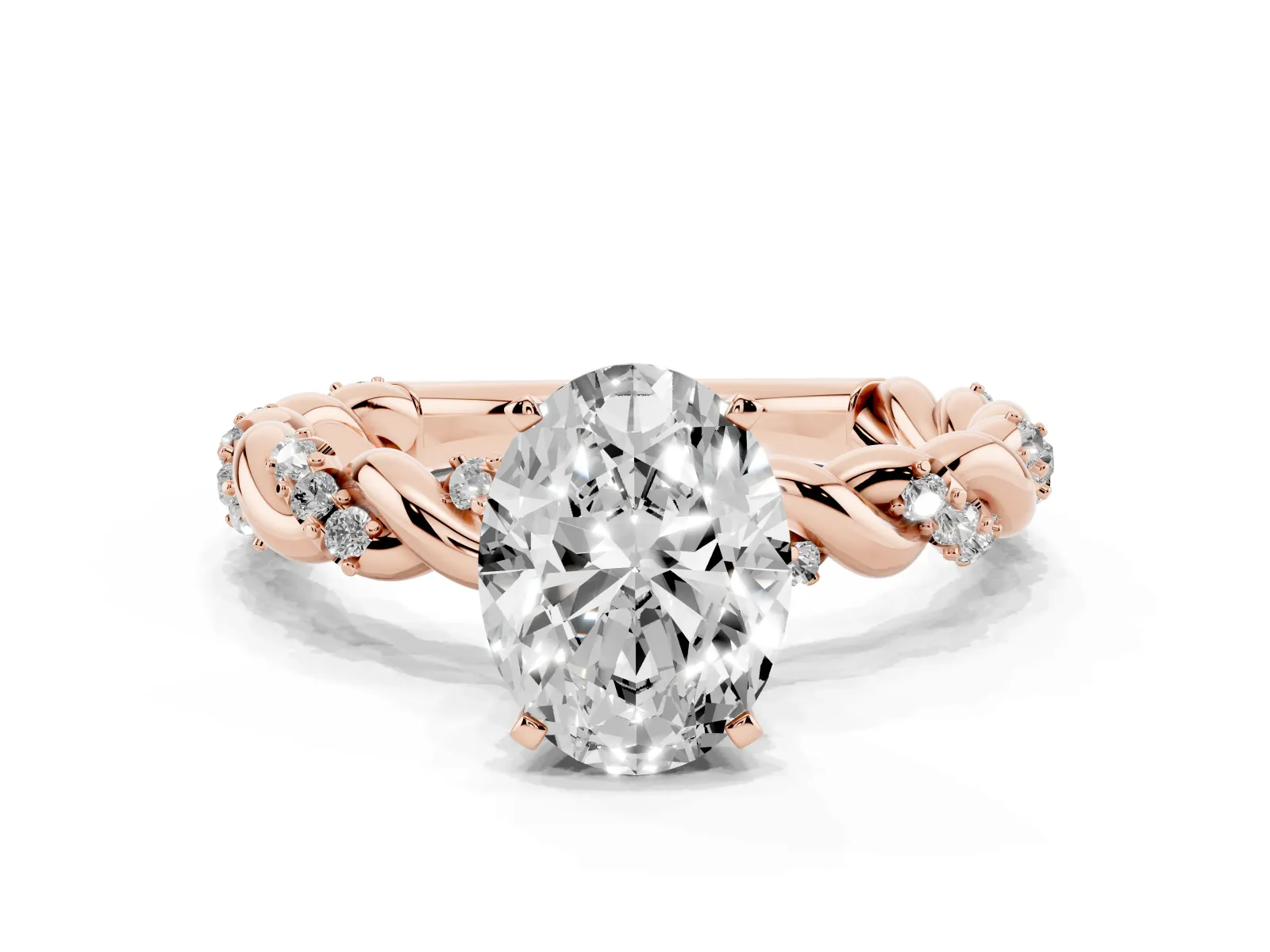 Oval Cut Diamond Solitaire Ring with Twisted Band and Pavé Accents Rose gold