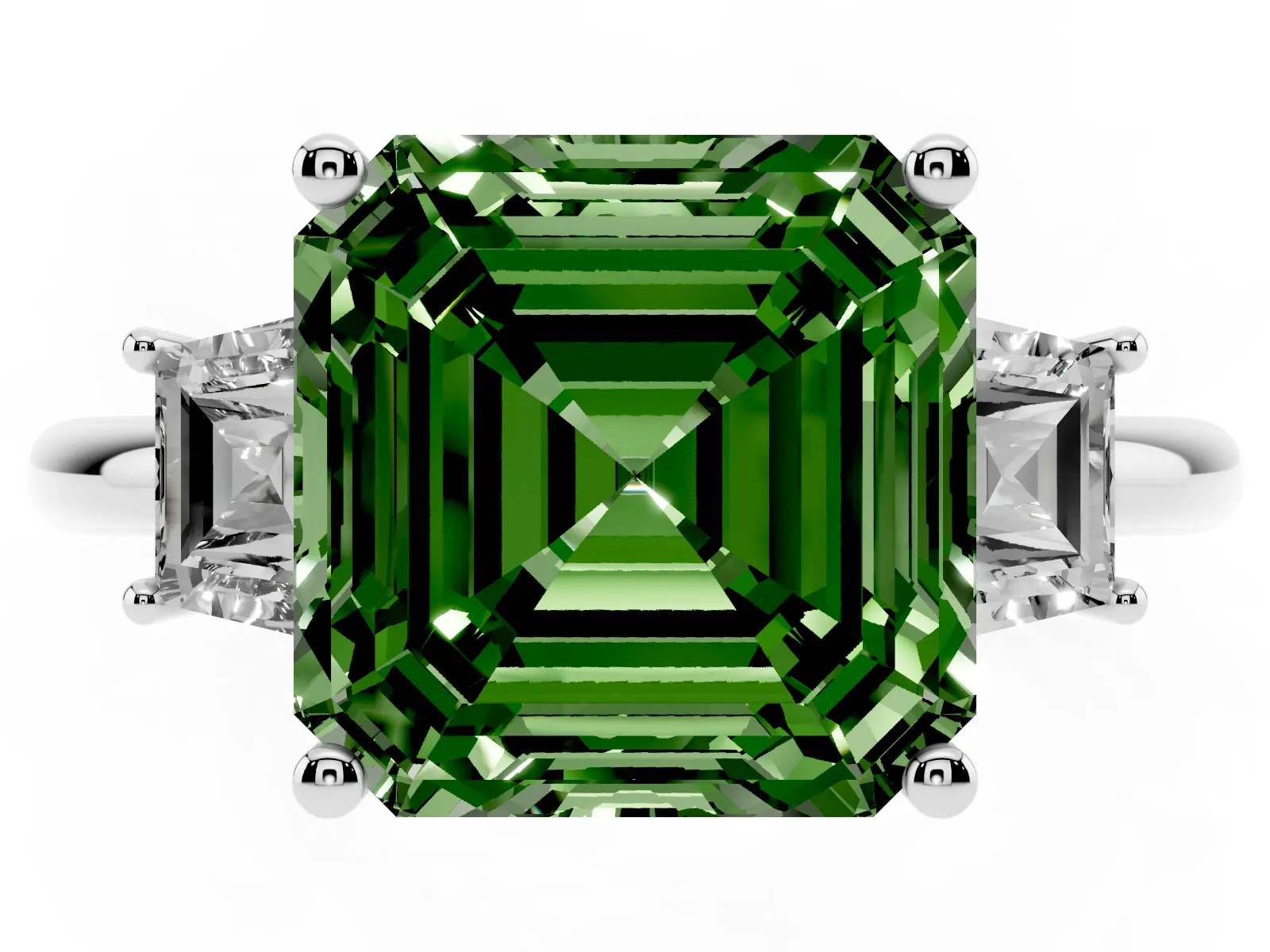 Fancy Green Asscher Cut Diamond Three-Stone Ring with Trapezoid Side Stones and Prong Setting White gold