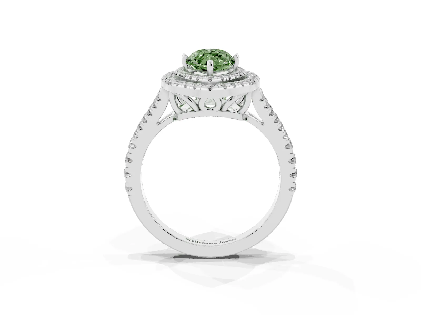 Fancy Green Marquise Cut Diamond Double Halo Ring with Pavé Band and Prong Setting Platinum