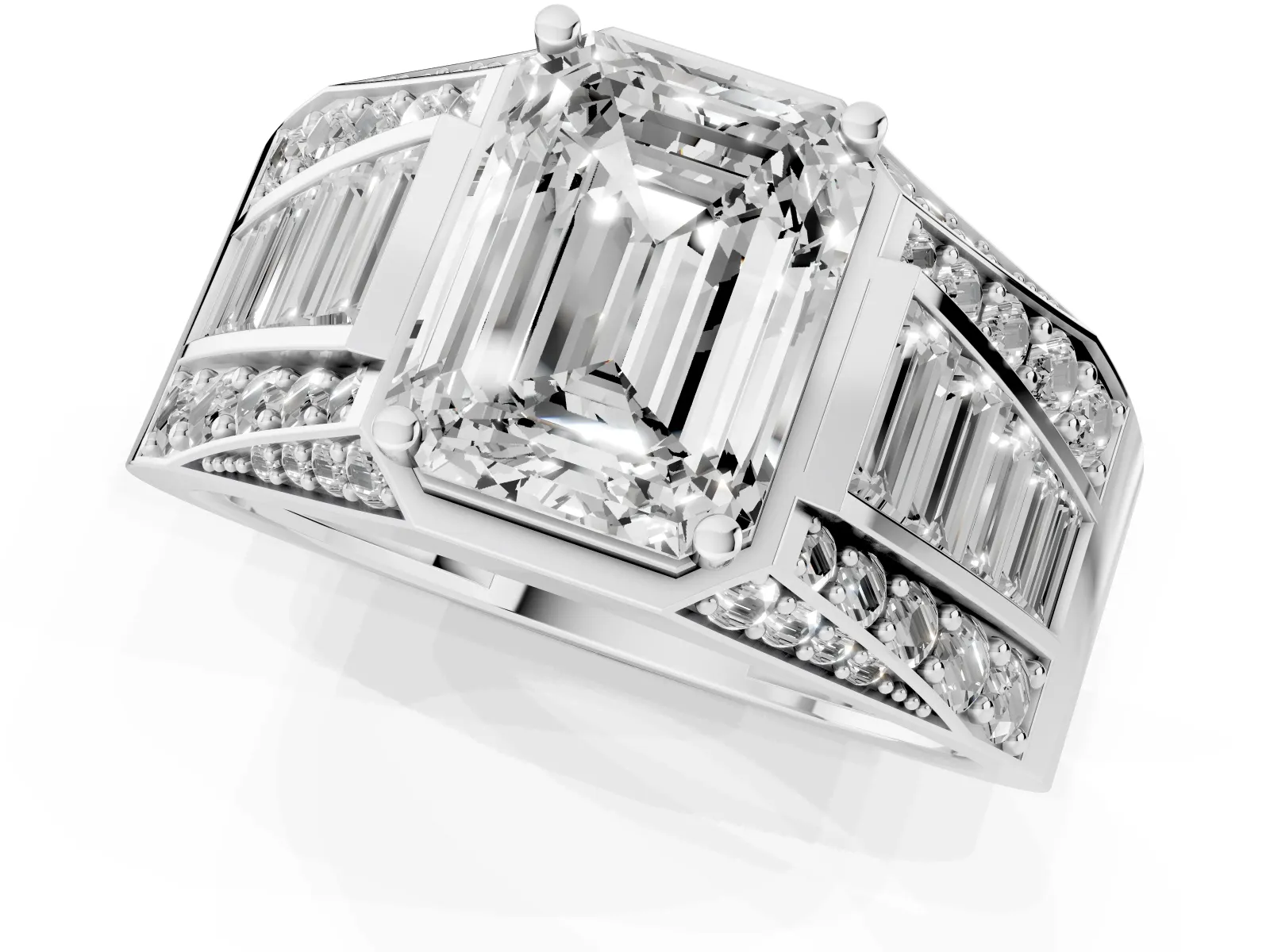Emerald Cut Diamond Mens Ring with Baguette Side Stones Platinum