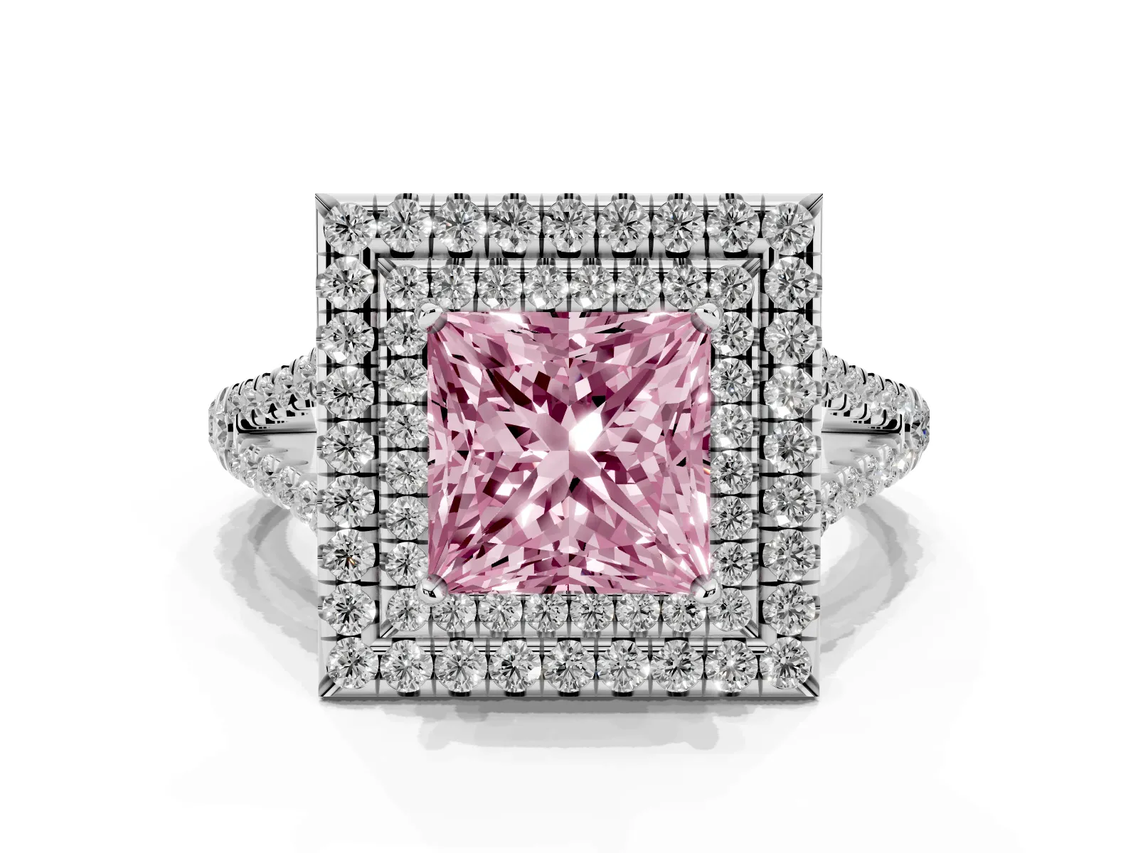 Fancy Pink Princess Cut Diamond Double Halo Ring with Pavé Band and Prong Setting Platinum