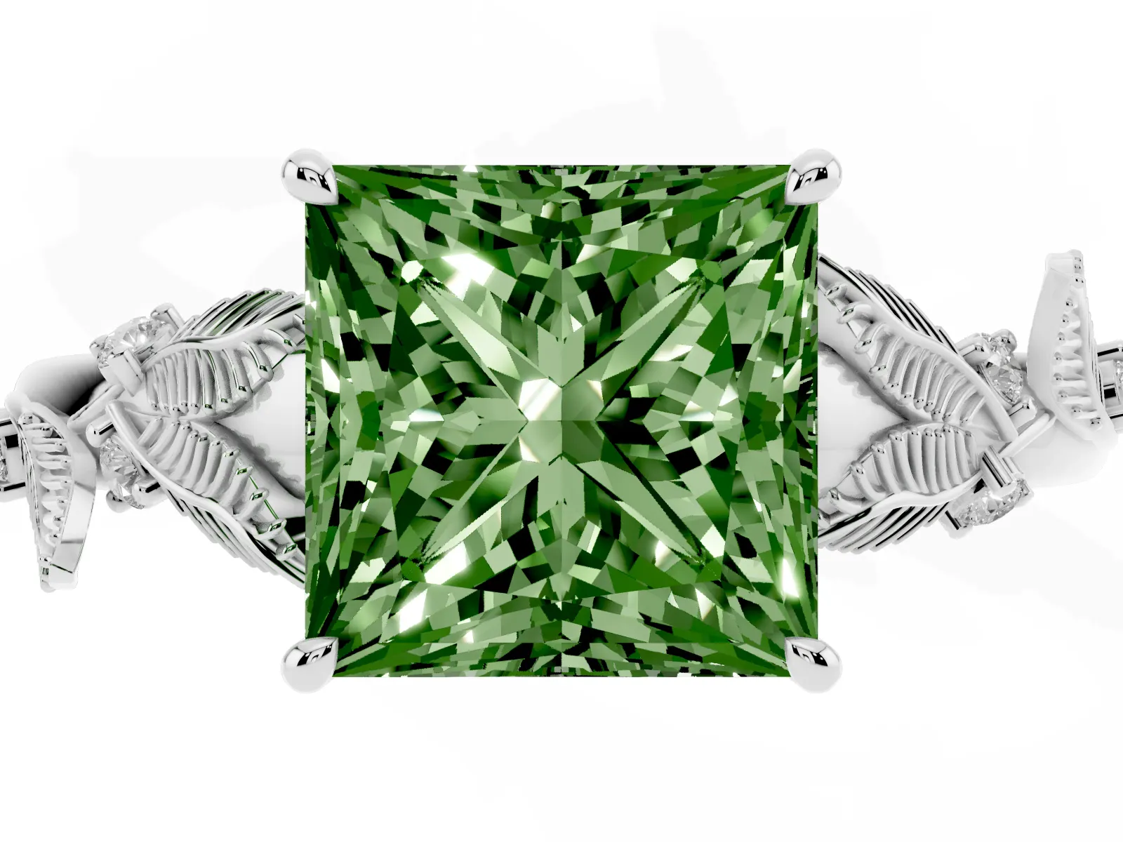 Fancy Green Princess Cut Diamond Solitaire Ring with Leaf Motif Band and Four-Prong Setting Platinum