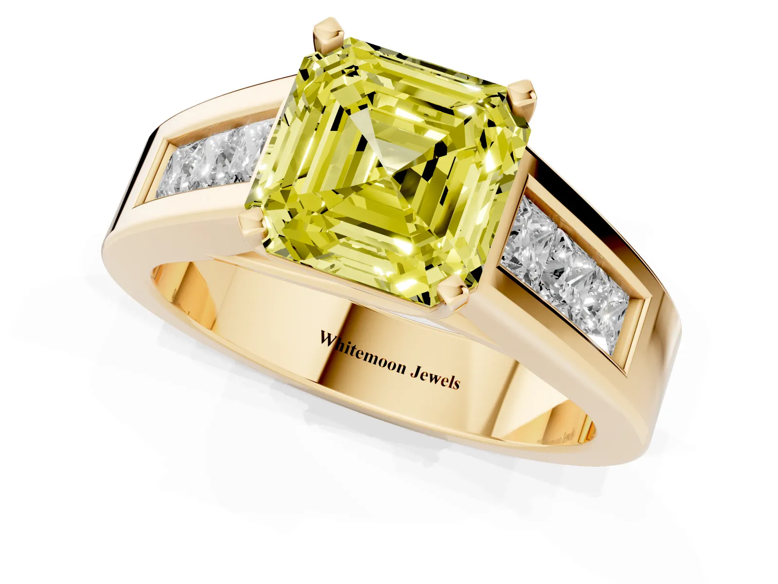 Fancy Yellow Asscher Cut Cut Channel Set Solitaire Ring with Four-Prong Setting Yellow gold