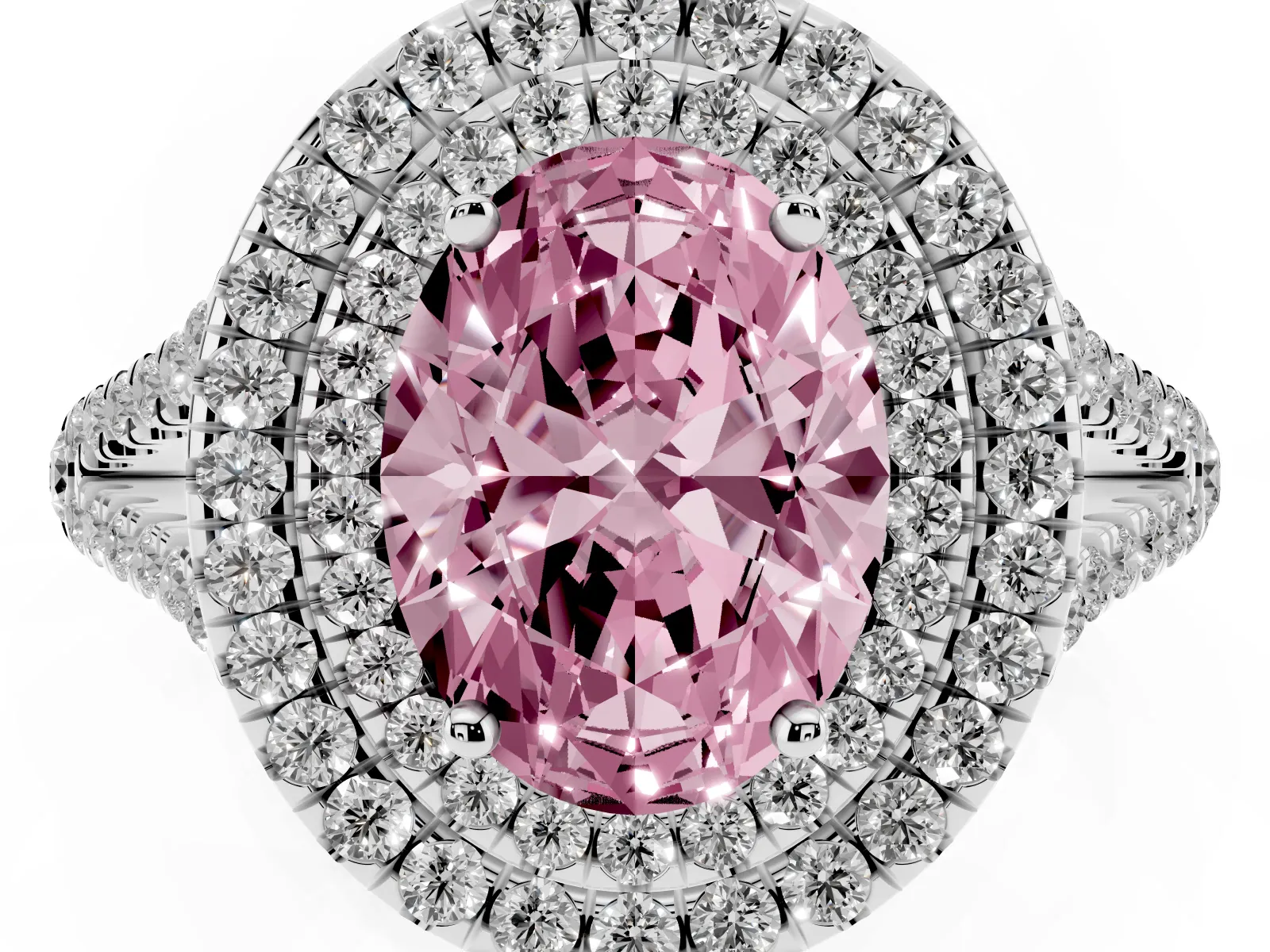 Fancy Pink Oval Cut Diamond Double Halo Ring with Pavé Band and Prong Setting Platinum