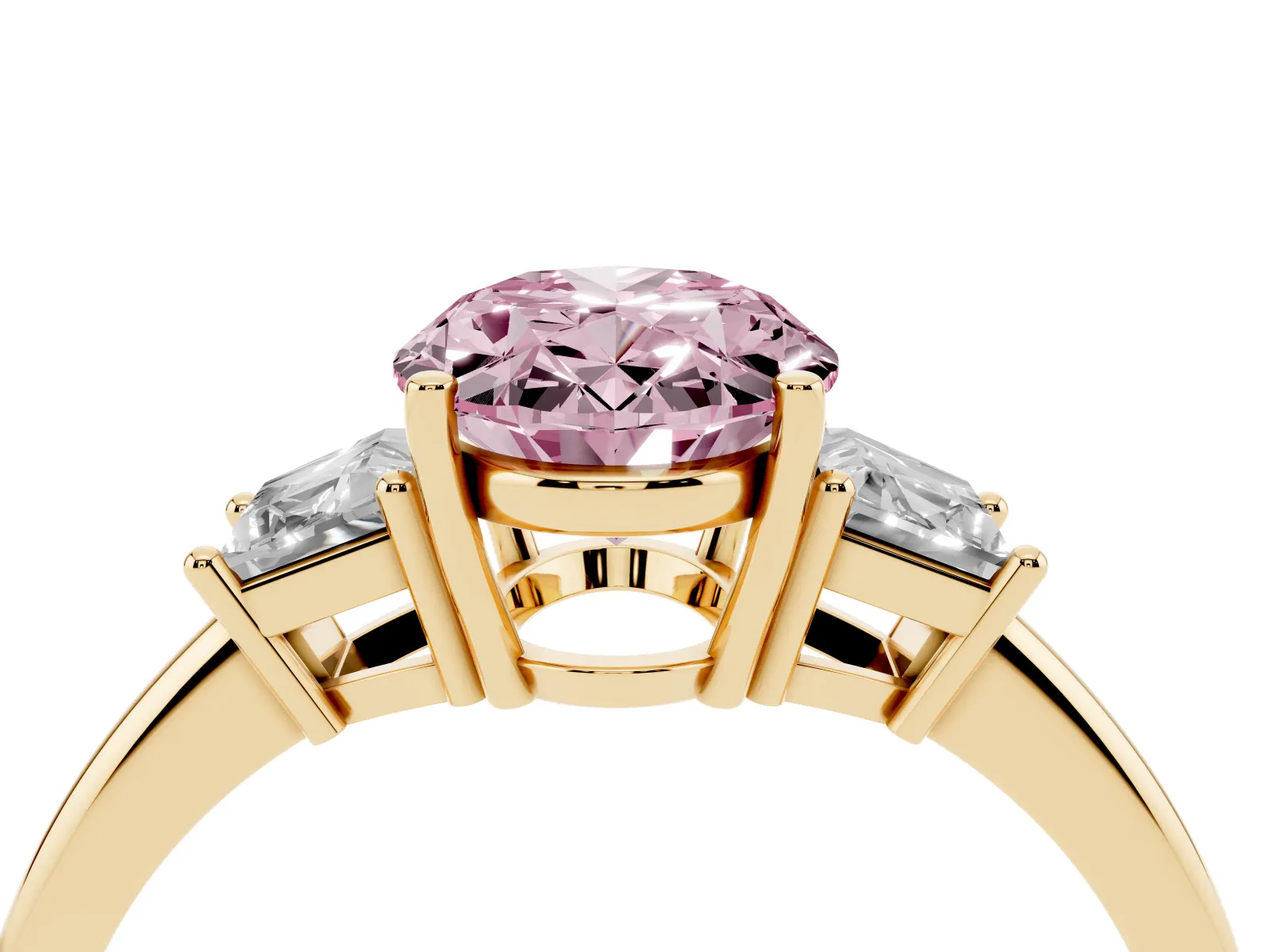 Fancy Pink Oval Cut Diamond Three-Stone Ring with Trapezoid Side Stones and Prong Setting Yellow gold