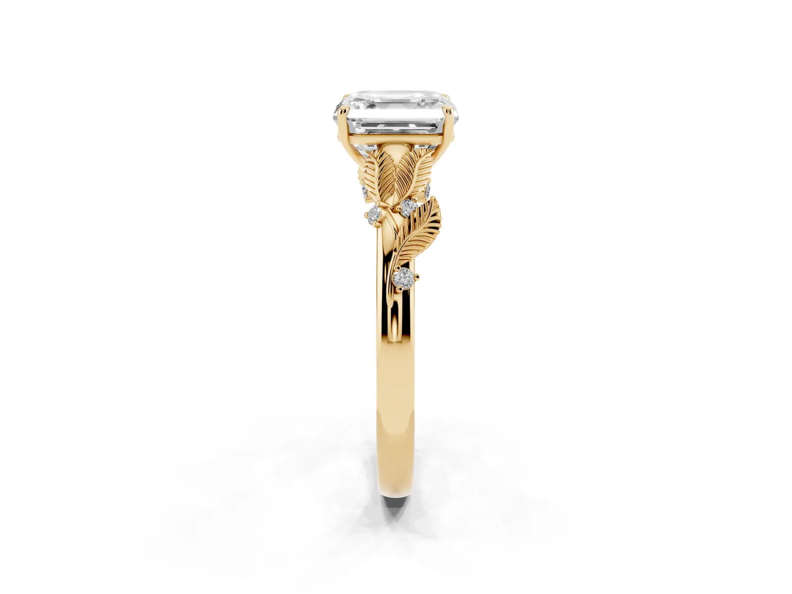 Asscher Cut Diamond Solitaire Ring with Leaf Motif Band and Four-Prong Setting Yellow gold