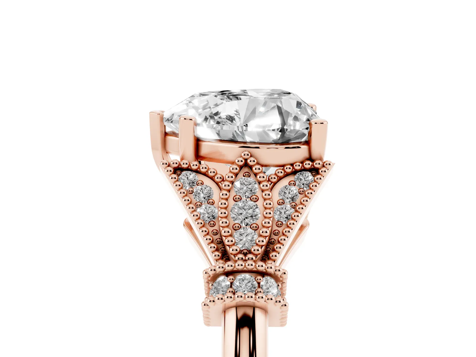 Heart Cut Diamond Solitaire Ring with Floral Filigree and Pave Accents Rose gold
