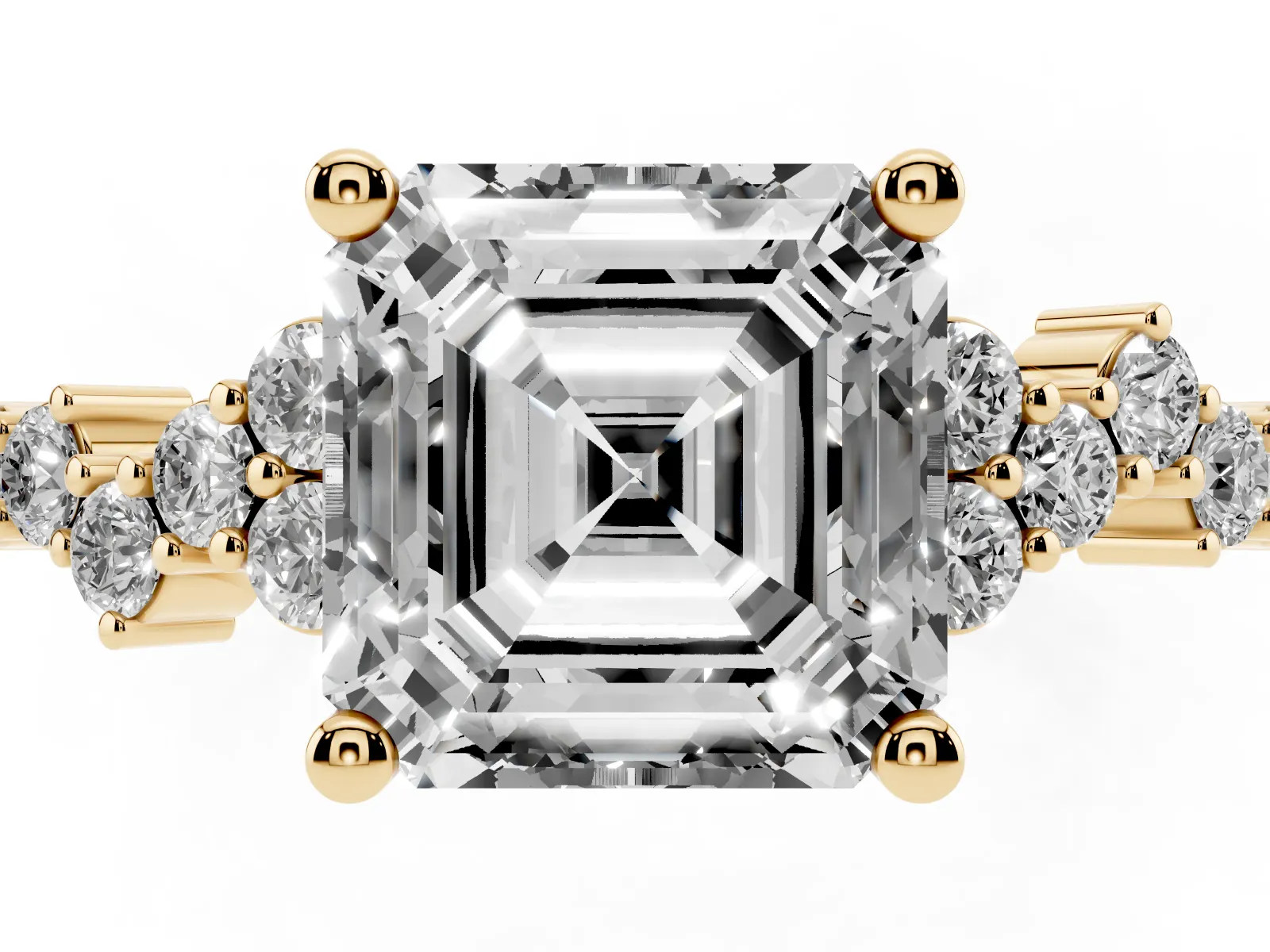 Asscher Cut Diamond Scattered Round Accent Ring with Prong Setting Yellow gold