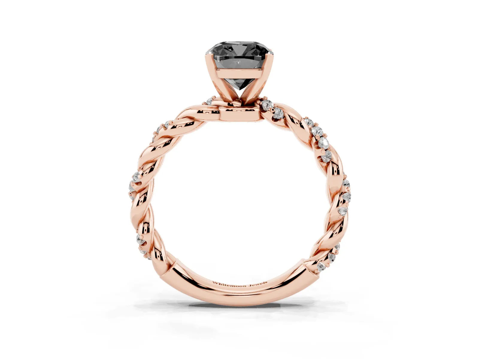 Fancy Black Cushion Cut Diamond Solitaire Ring with Twisted Band and Pavé Accents Rose gold