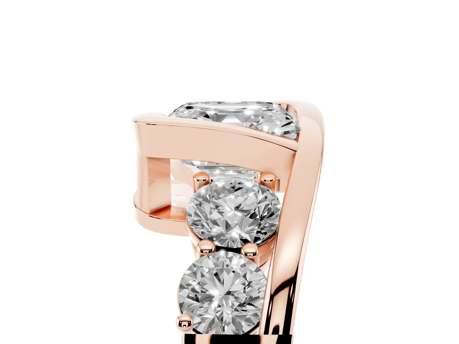 Bezel Set Asscher Cut Diamond Bypass Ring with Round Accents Rose gold