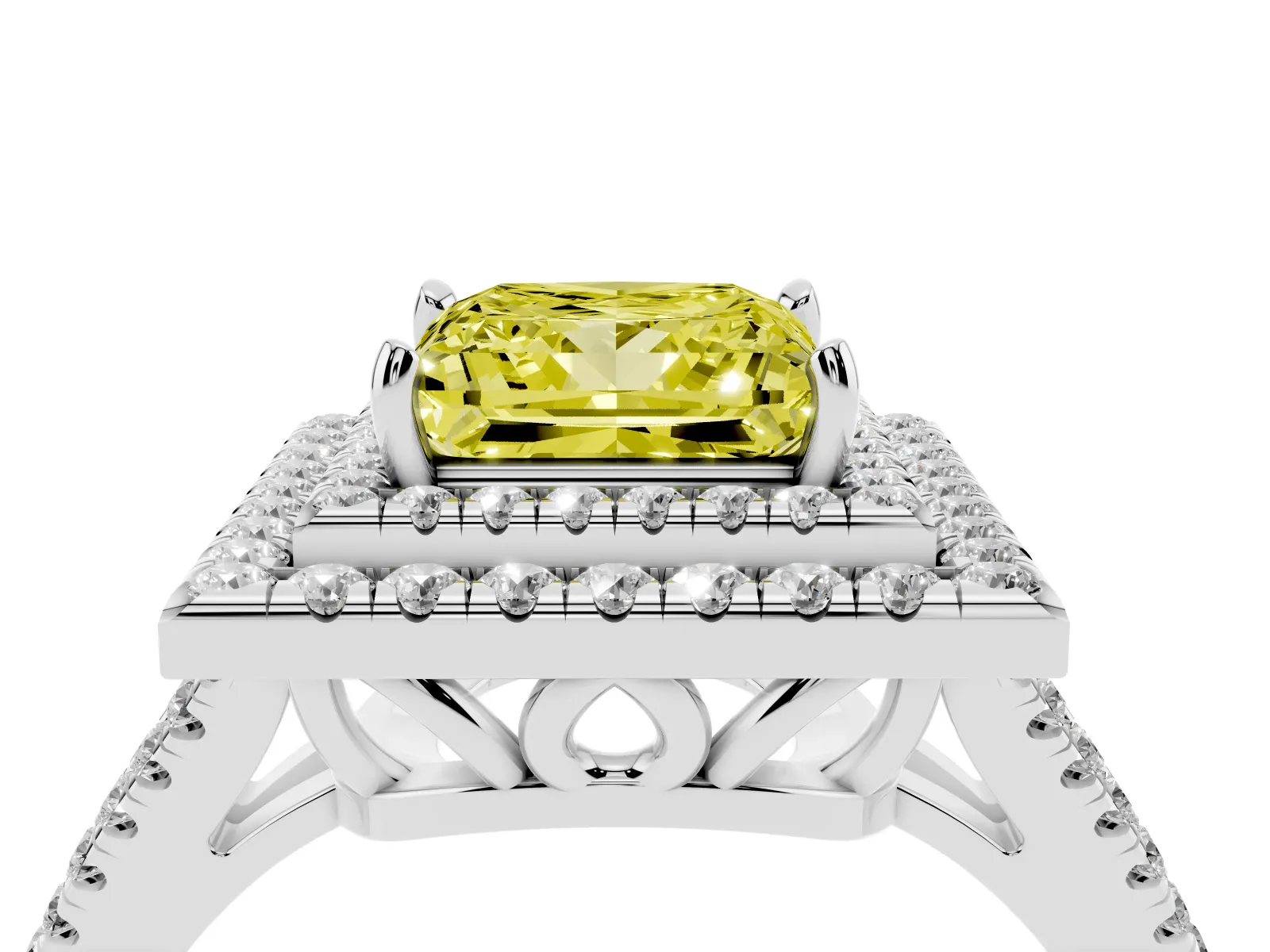 Fancy Yellow Princess Cut Diamond Double Halo Ring with Pavé Band and Prong Setting Platinum
