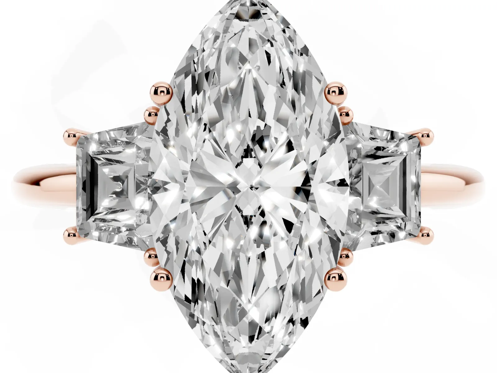 Marquise Cut Diamond Three-Stone Ring with Trapezoid Side Stones and Prong Setting Rose gold
