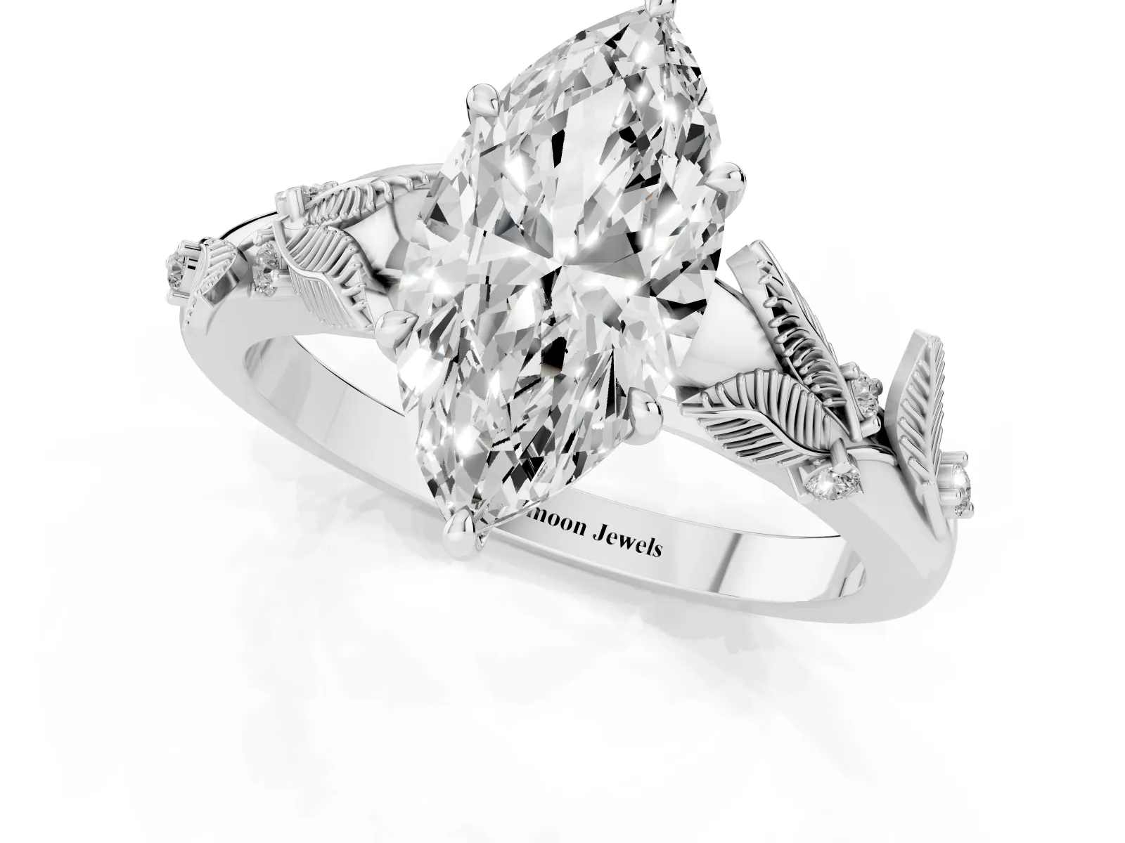 Marquise Cut Diamond Solitaire Ring with Leaf Motif Band and Four-Prong Setting Platinum