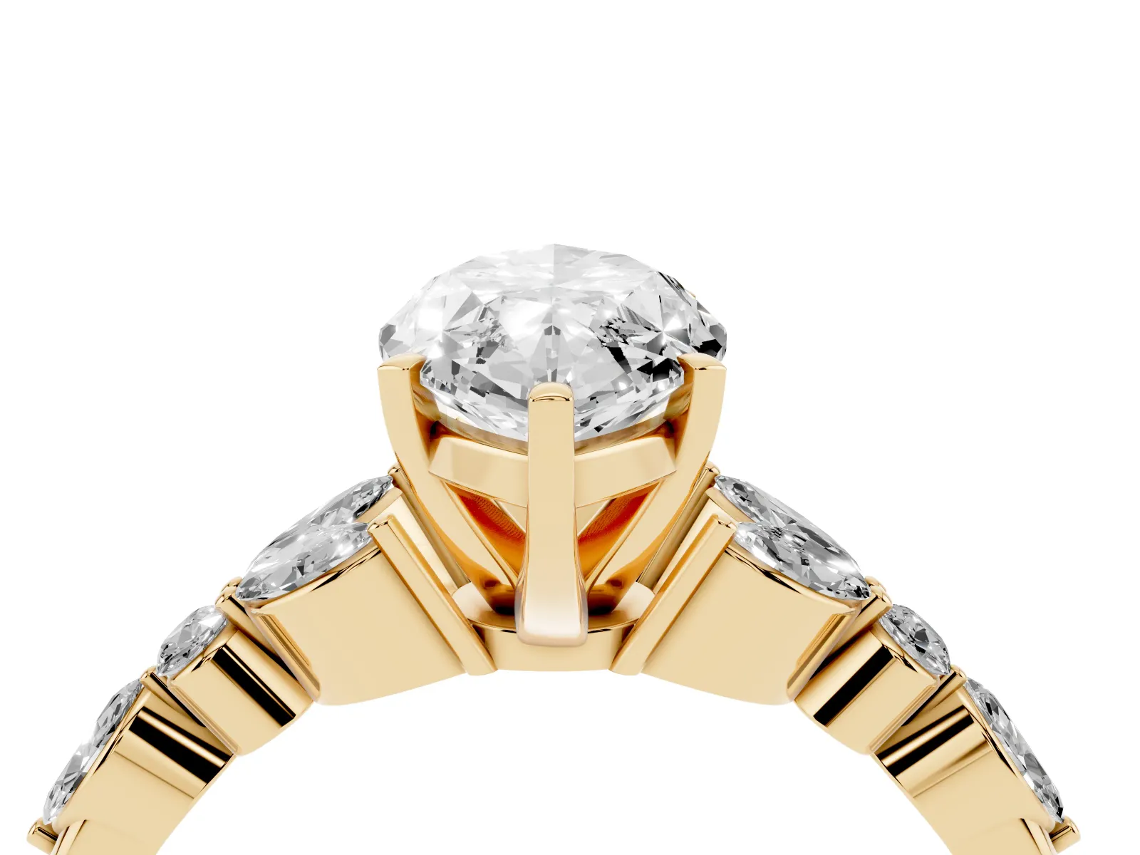 Marquise Cut Diamond Solitaire Ring with Side Stones and Four-Prong Setting Yellow gold