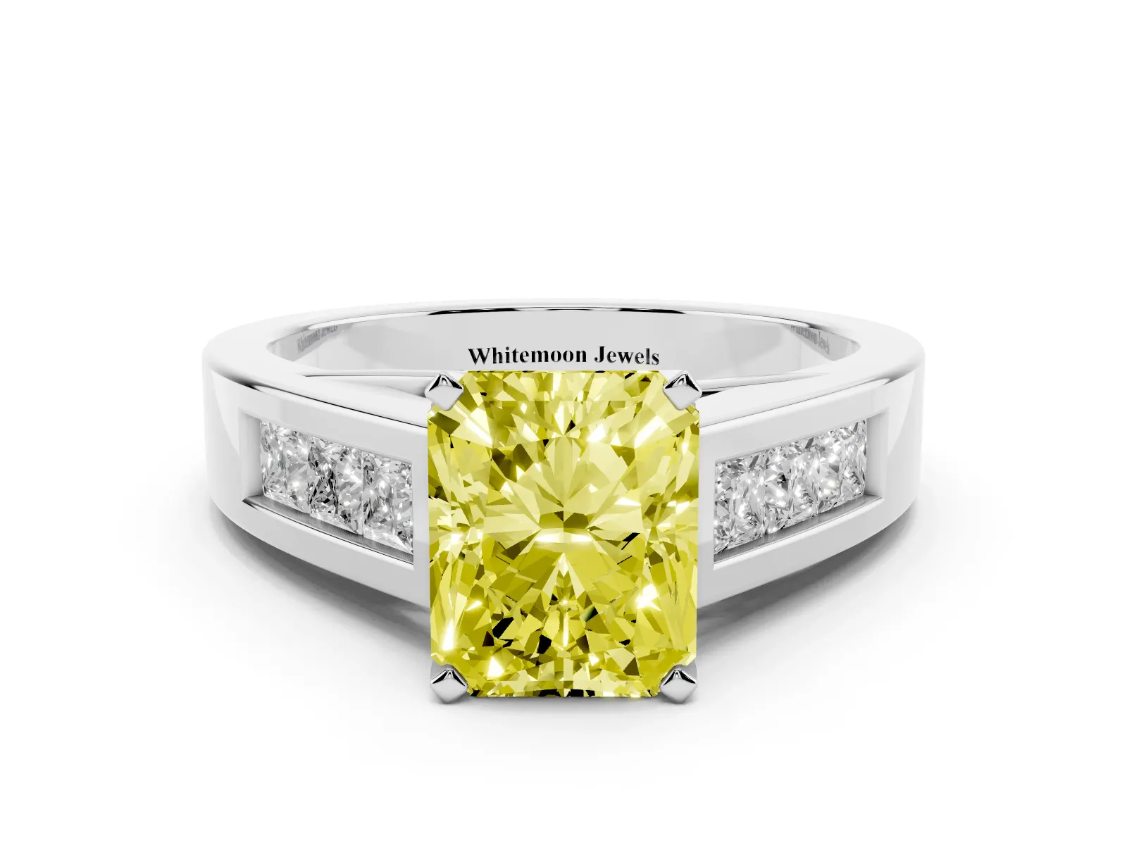 Fancy Yellow Radiant Cut Cut Channel Set Solitaire Ring with Four-Prong Setting Platinum