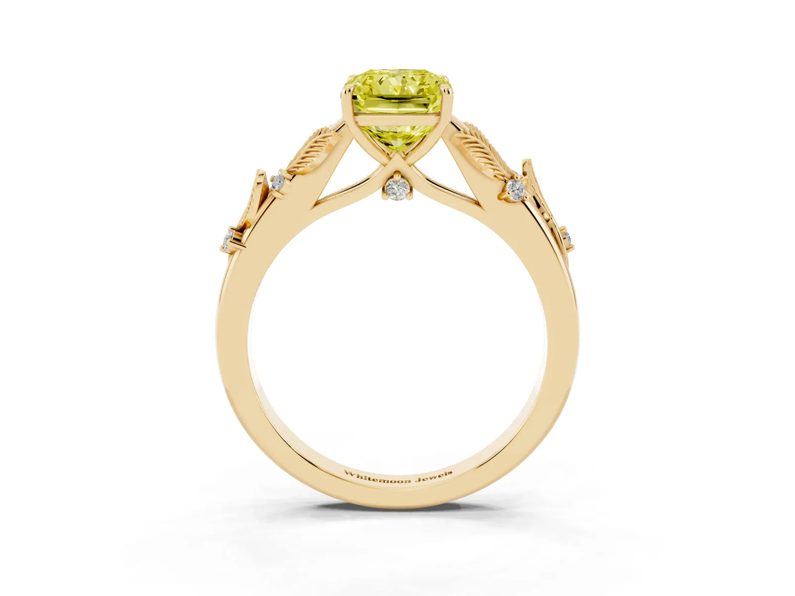 Fancy Yellow Radiant Cut Diamond Solitaire Ring with Leaf Motif Band and Four-Prong Setting Yellow gold