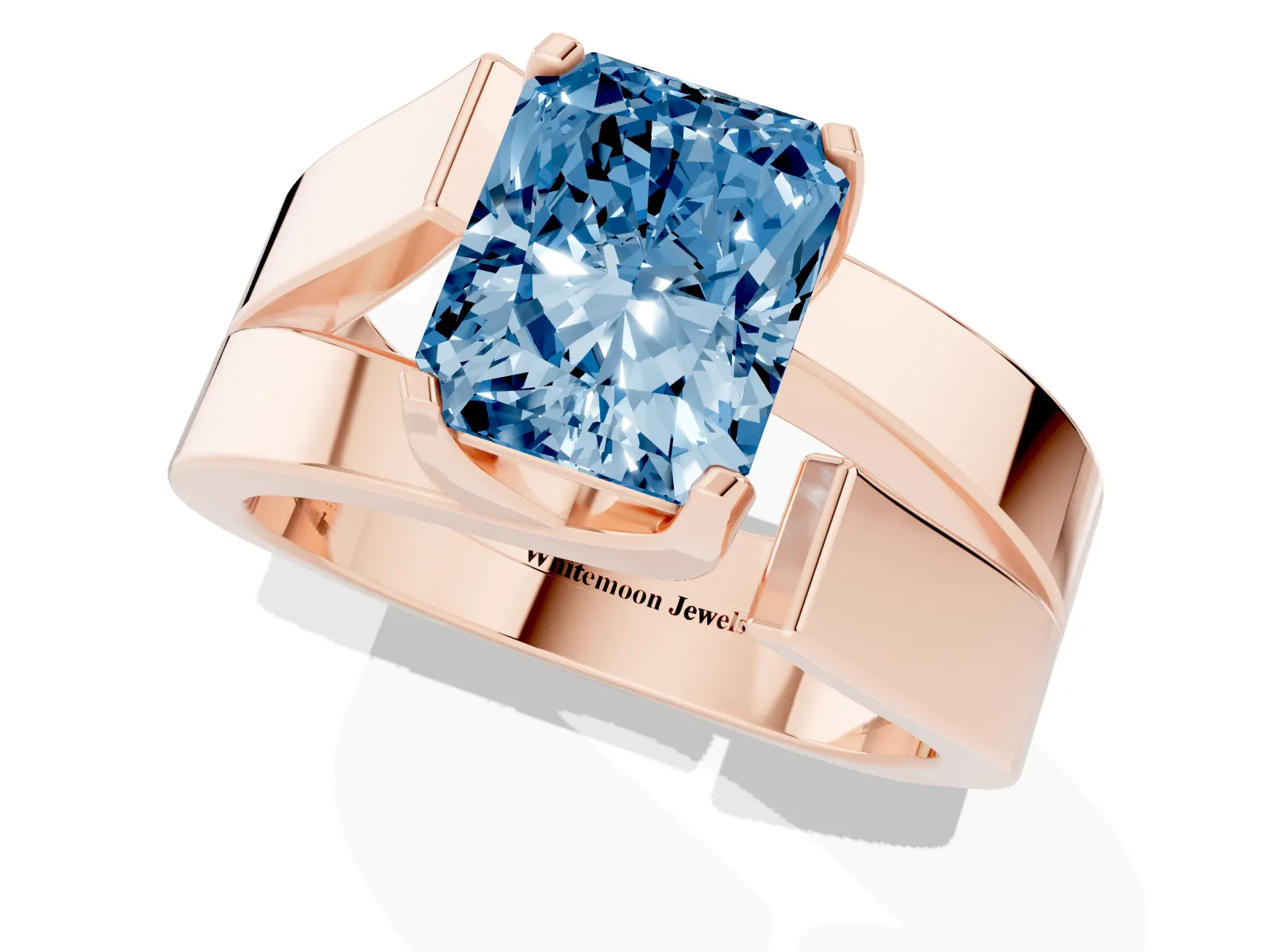 Fancy Blue Modern Tension Set Radiant Cut Diamond Solitaire Wide Band Ring Rose gold