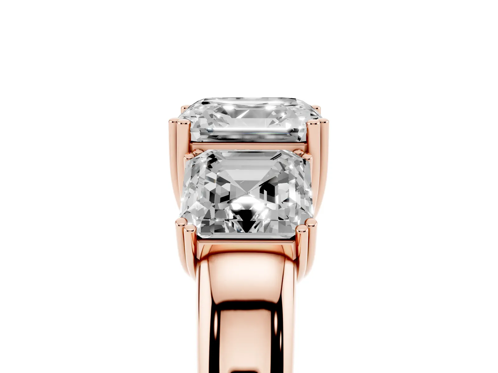 Three-Stone Asscher Cut Cut Diamond Ring with Channel Set Band and Four-Prong Setting Rose gold
