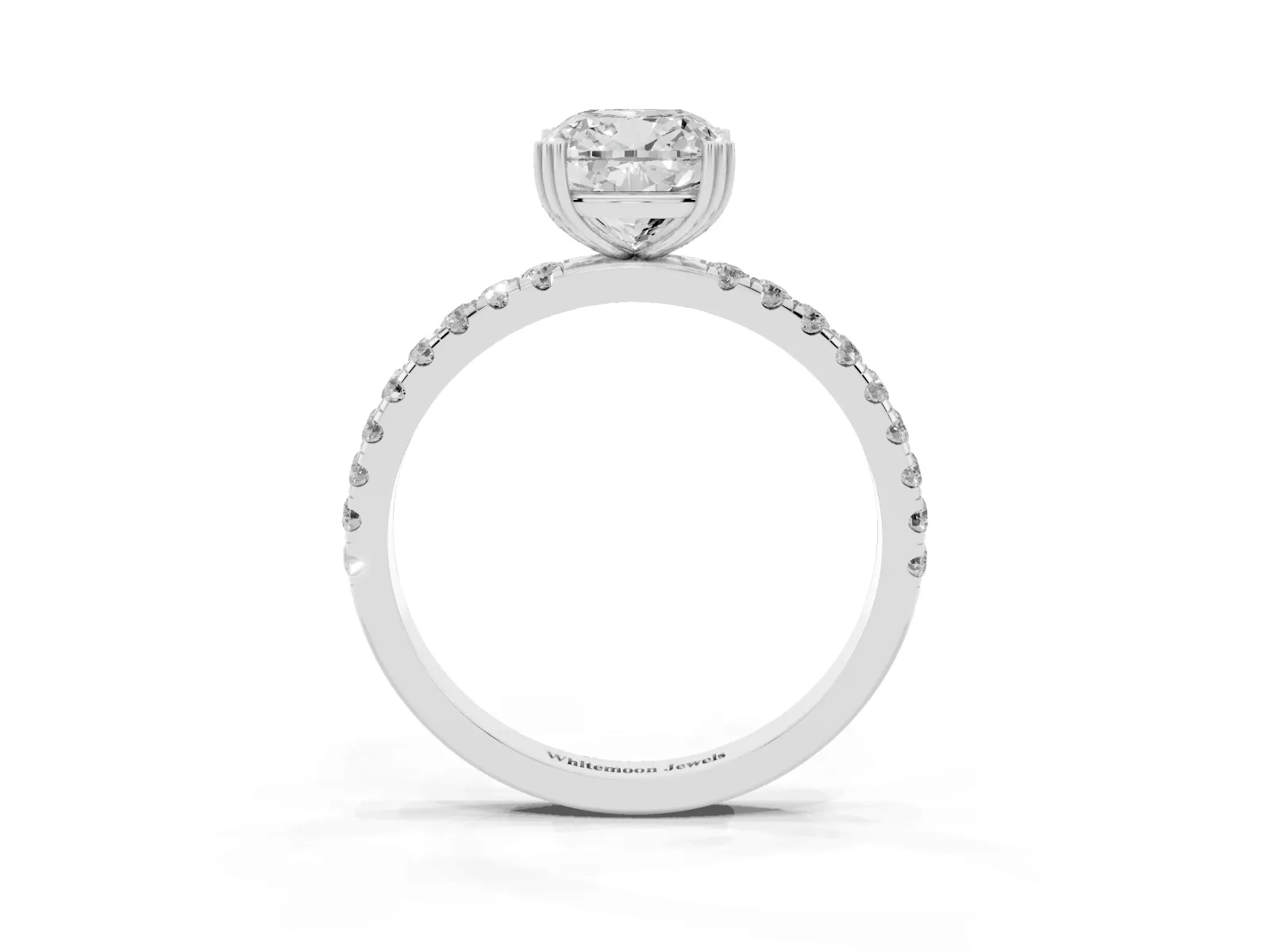 Cushion Cut Brilliant Solitaire with Pavé Band and Claw Prong Setting Silver