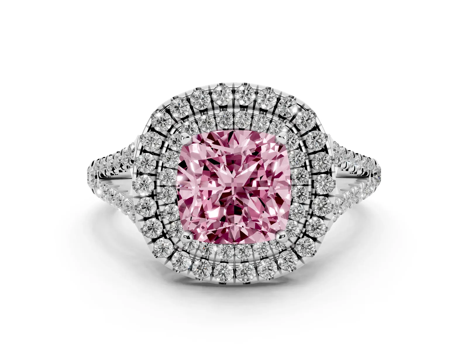 Fancy Pink Cushion Cut Diamond Double Halo Ring with Pavé Band and Prong Setting Platinum