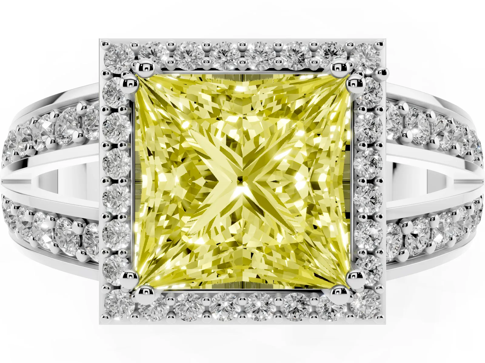 Fancy Yellow Princess Cut Diamond Halo Ring with Split Shank Pavé Band and Four-Prong Setting Platinum