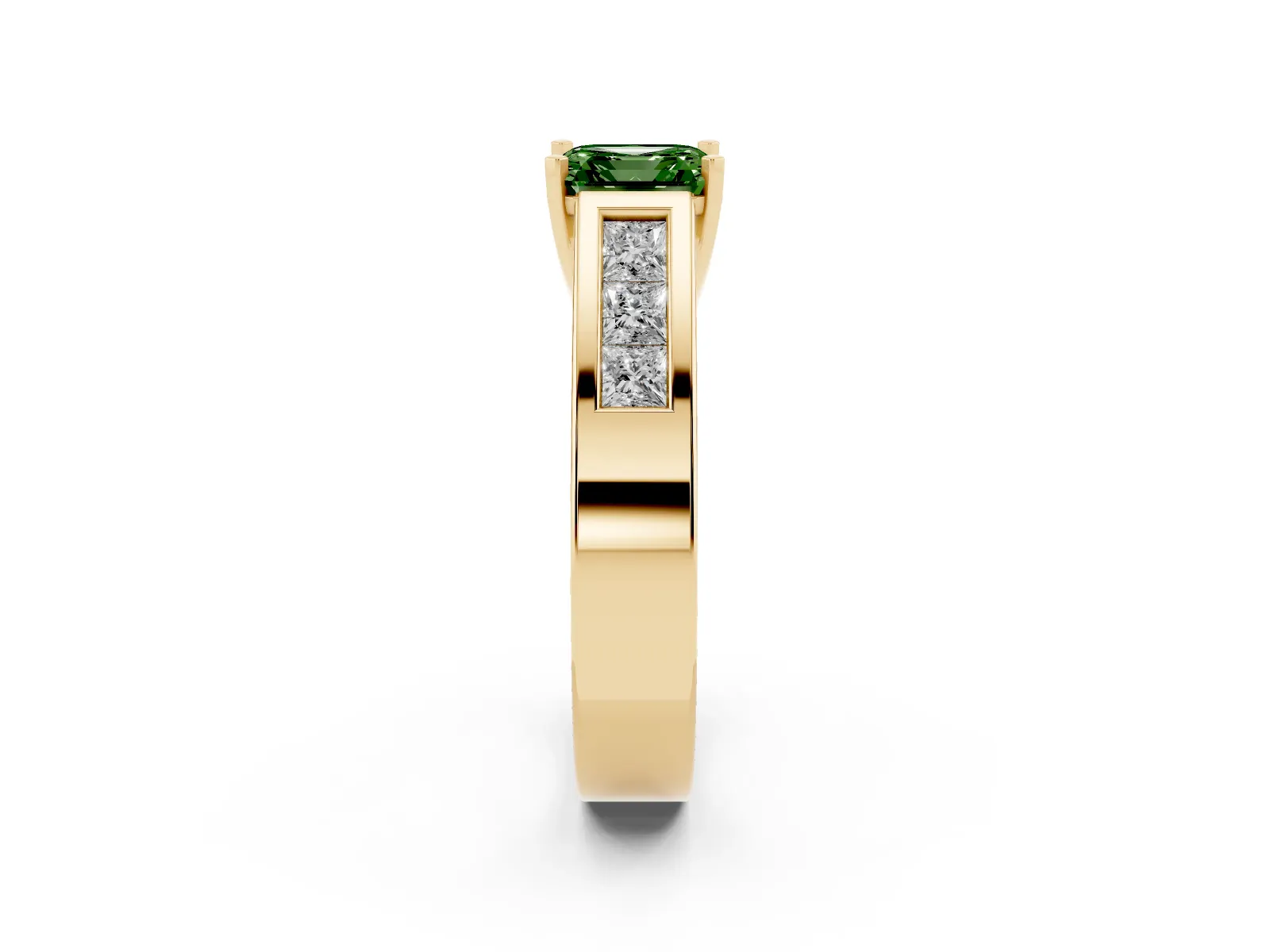 Fancy Green Asscher Cut Cut Channel Set Solitaire Ring with Four-Prong Setting Yellow gold