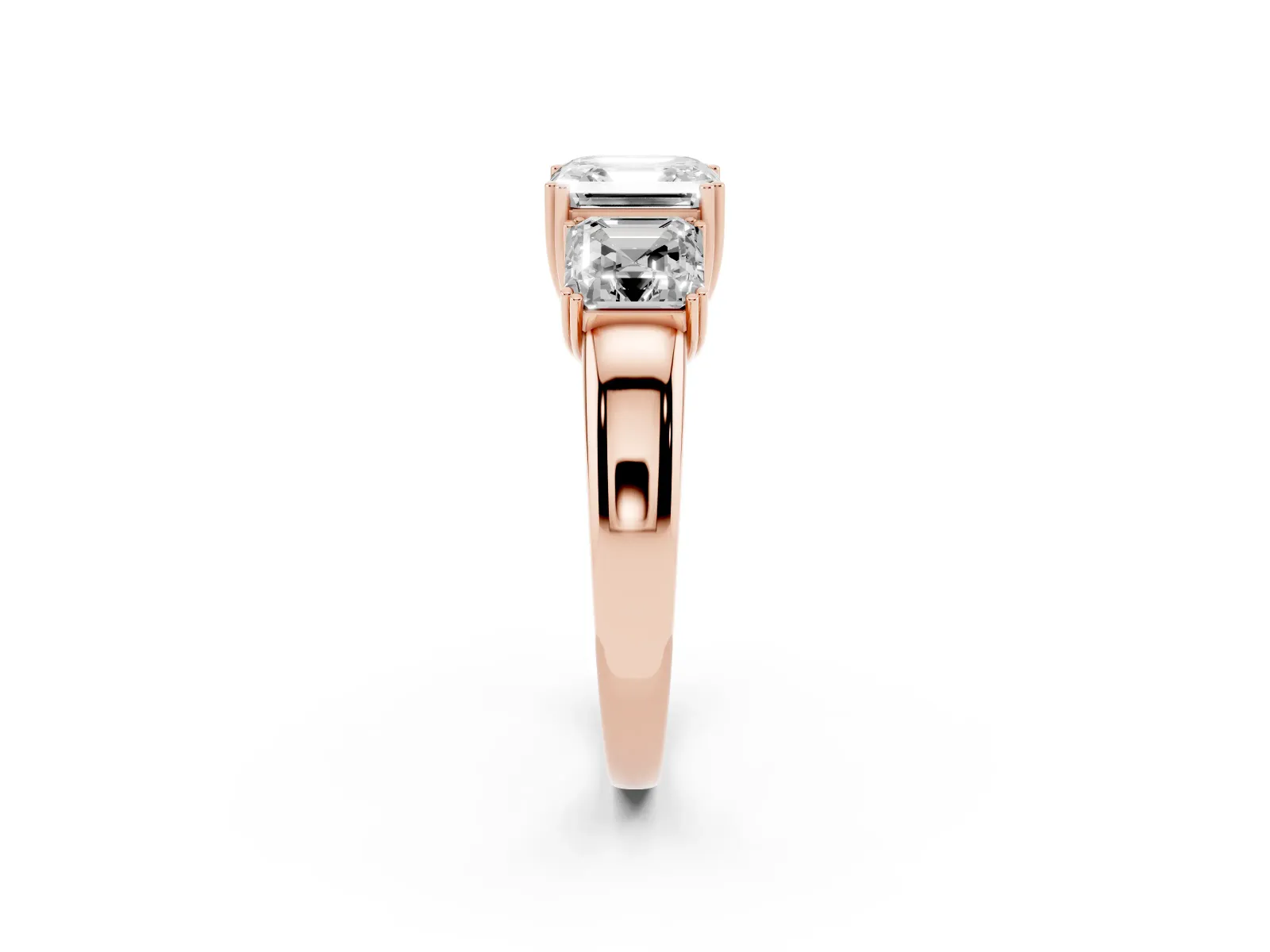 Three-Stone Asscher Cut Cut Diamond Ring with Channel Set Band and Four-Prong Setting Rose gold