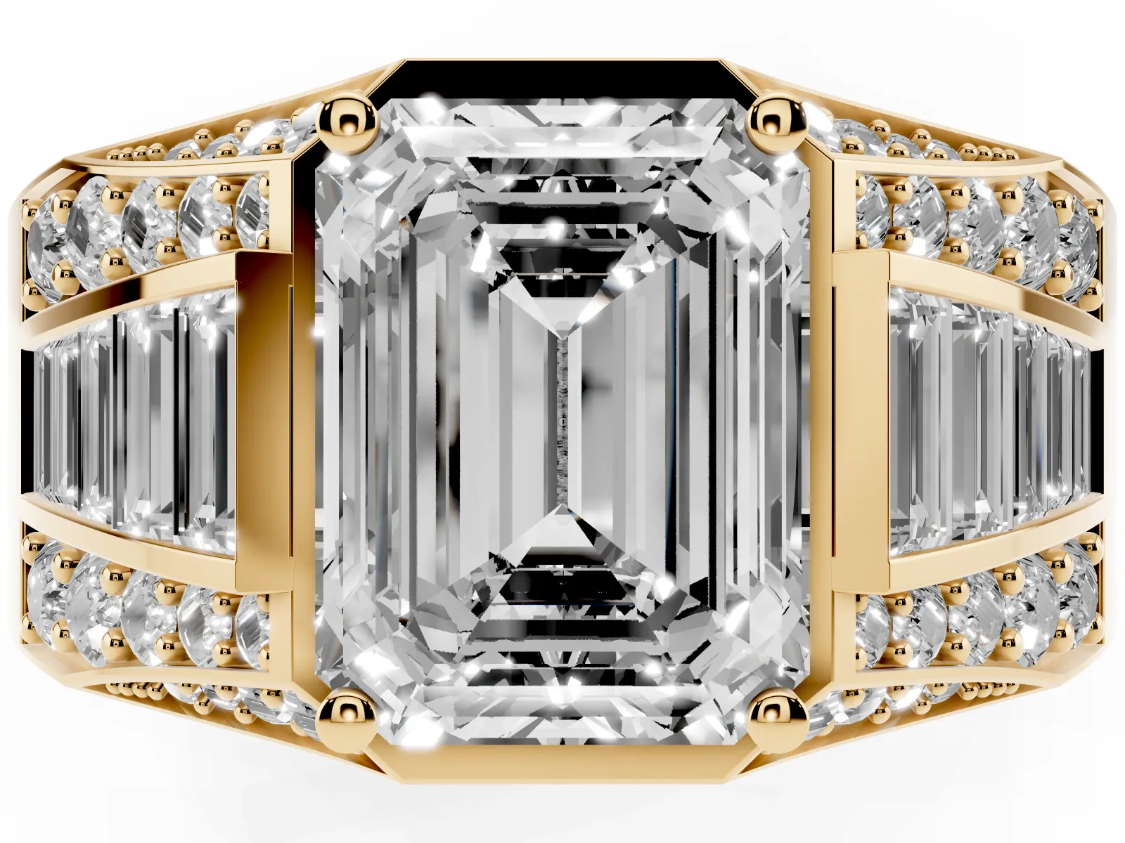 Emerald Cut Diamond Mens Ring with Baguette Side Stones Yellow gold