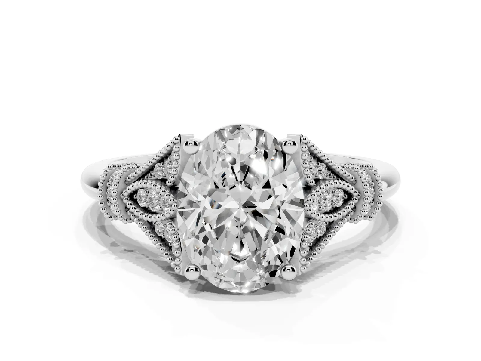 Oval Cut Diamond Solitaire Ring with Floral Filigree and Pave Accents White gold