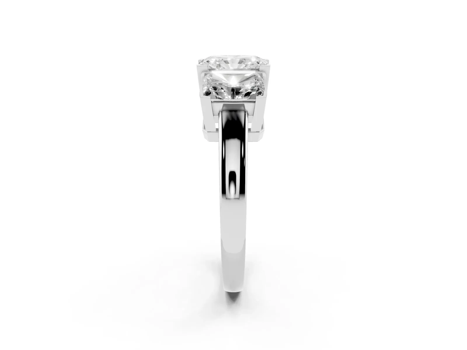 Three-Stone Radiant Cut Cut Diamond Ring with Channel Set Band and Four-Prong Setting Platinum