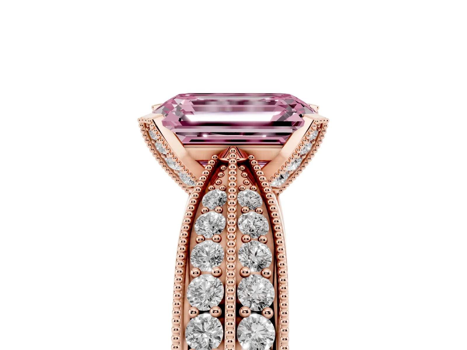 Fancy Pink Emerald Cut Diamond Solitaire Ring with Milgrain Round Pavé Band and Prong Setting Rose gold