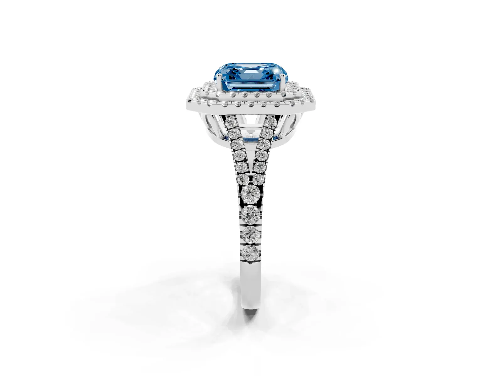 Fancy Blue Asscher Cut Diamond Double Halo Ring with Pavé Band and Prong Setting Platinum