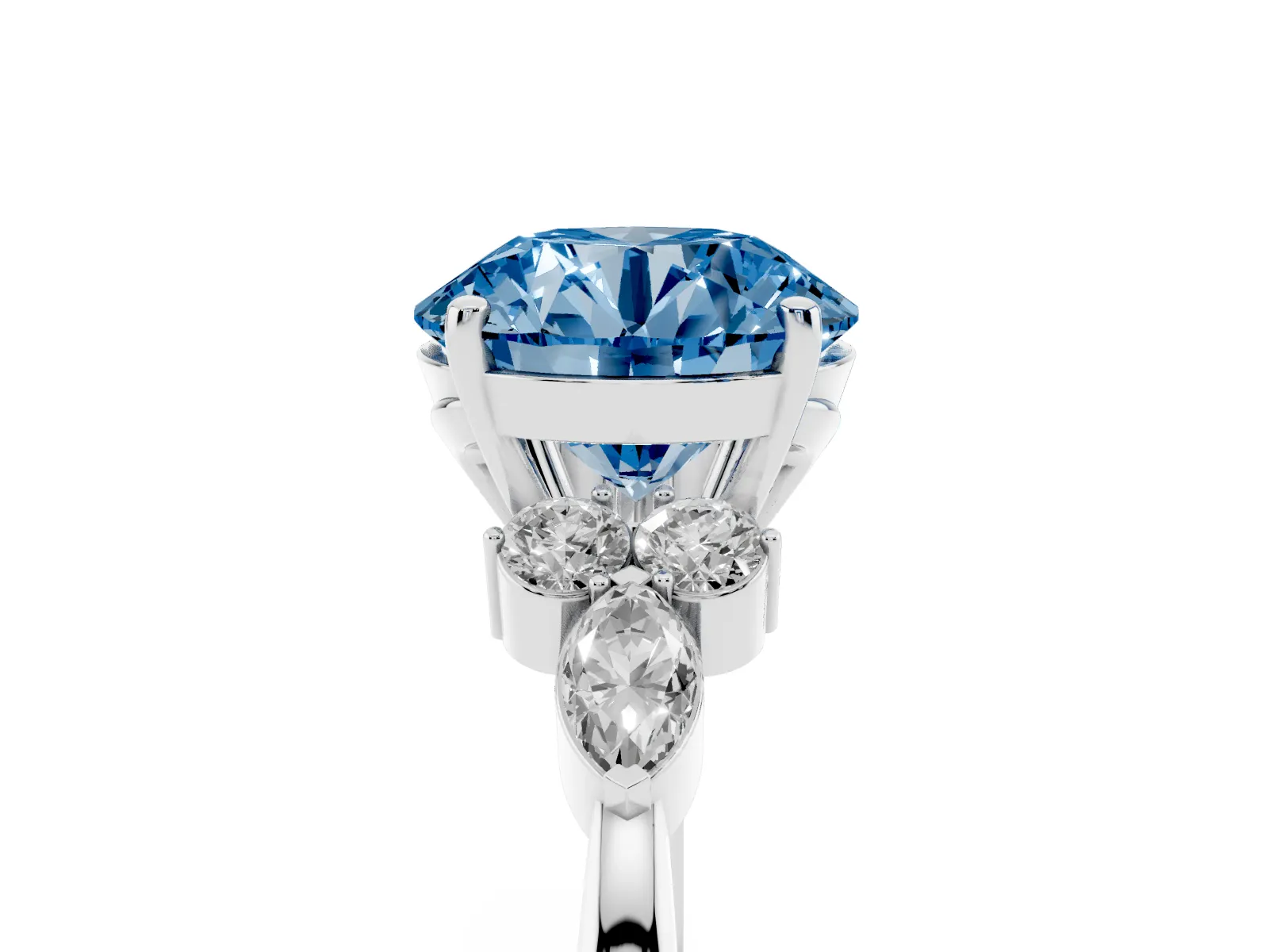 Fancy Blue Round Cut Brilliant Diamond Solitaire Ring with Pear Side Stones and Four-Prong Setting Platinum