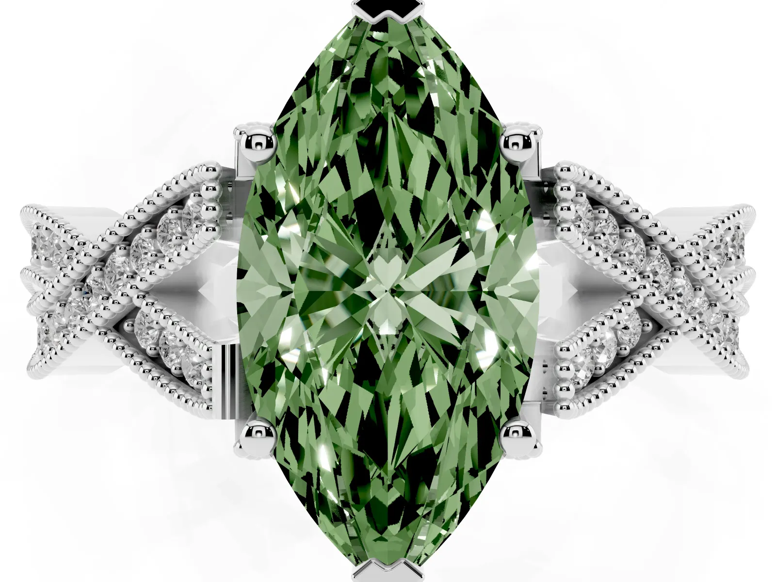 Fancy Green Marquise Cut Cut Diamond Twisted Band with Milgrain Pave Setting and Four-Prong Setting Platinum