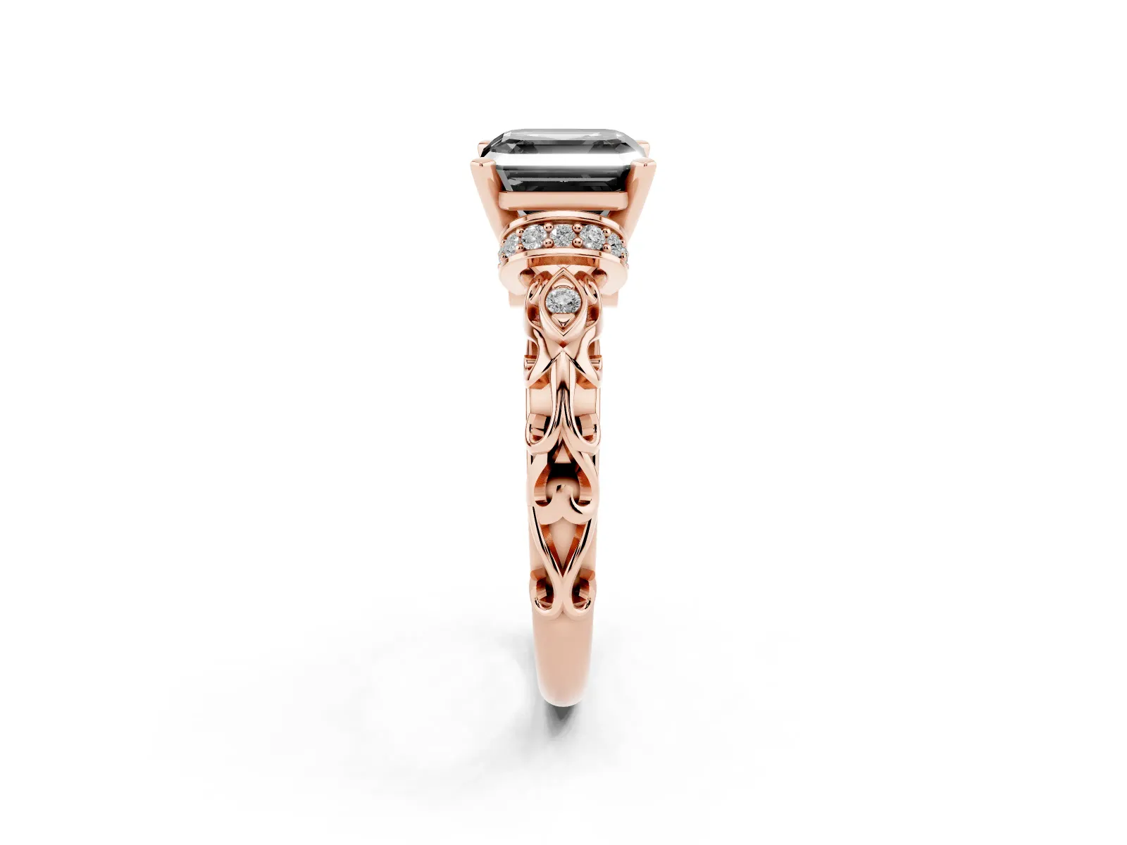 Fancy Black Asscher Cut Diamond Solitaire Ring with Filigree Band and Four-Prong Setting Rose gold