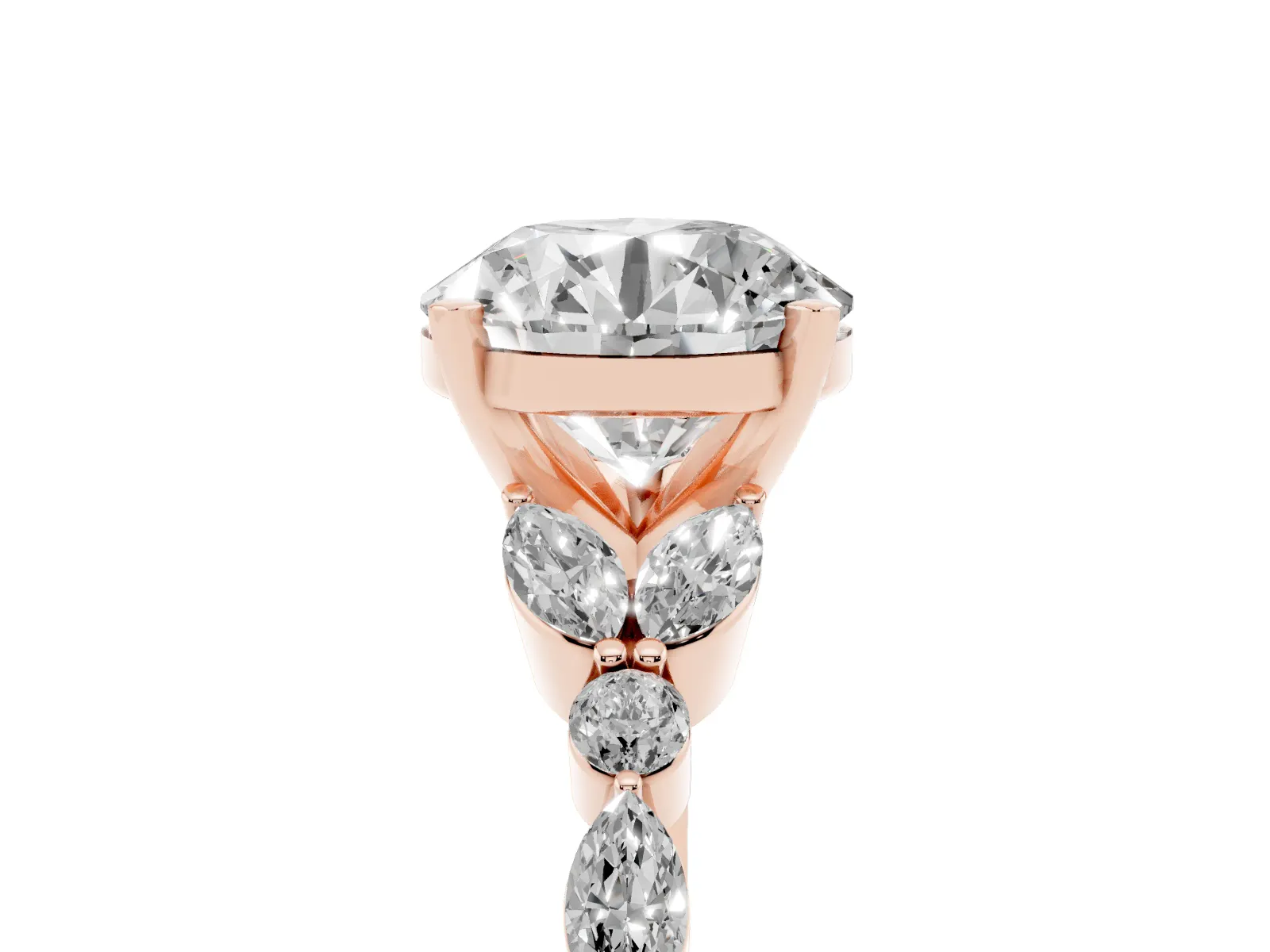 Round Cut Diamond Solitaire Ring with Side Stones and Four-Prong Setting Rose gold
