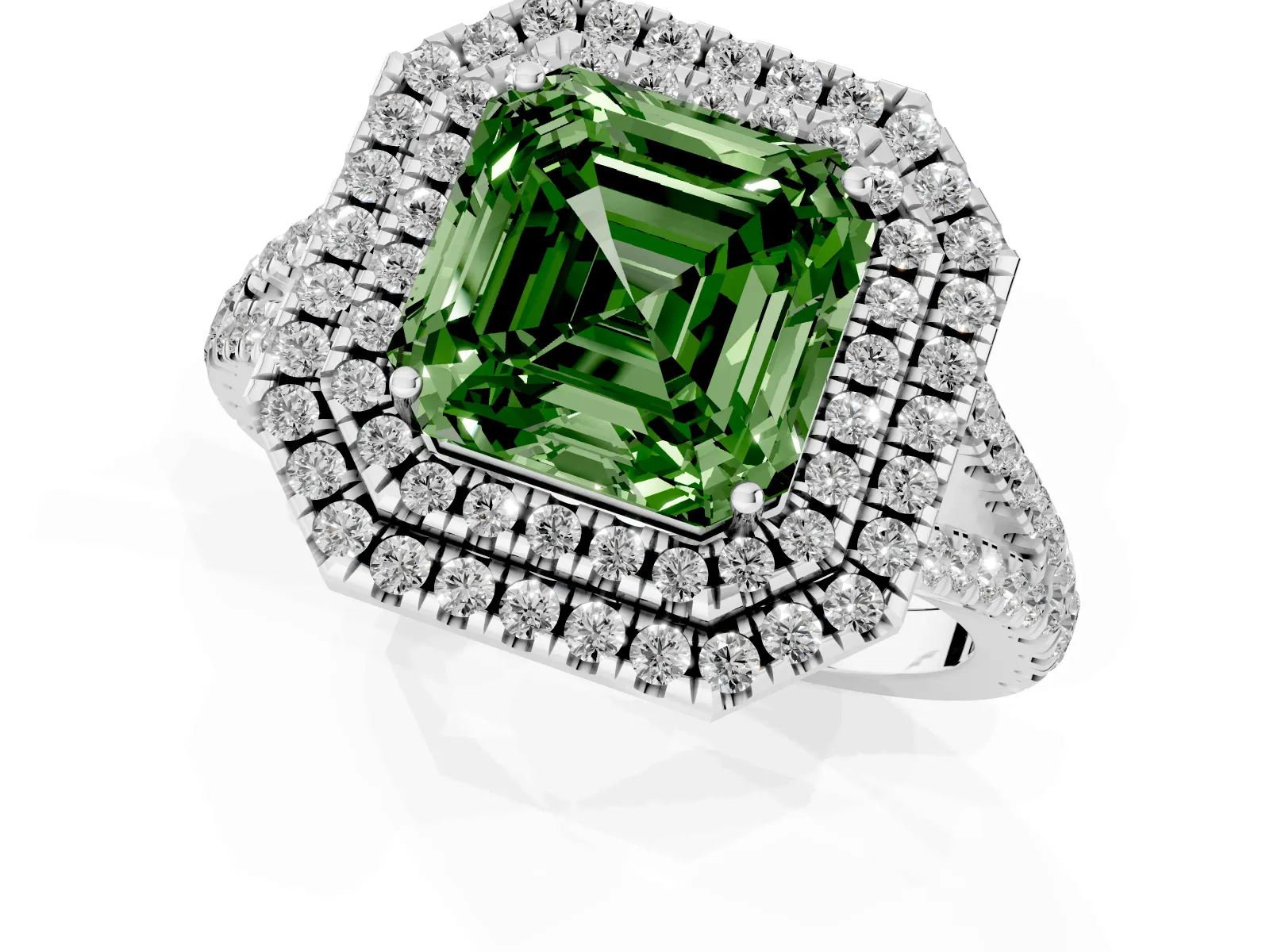 Fancy Green Asscher Cut Diamond Double Halo Ring with Pavé Band and Prong Setting Platinum