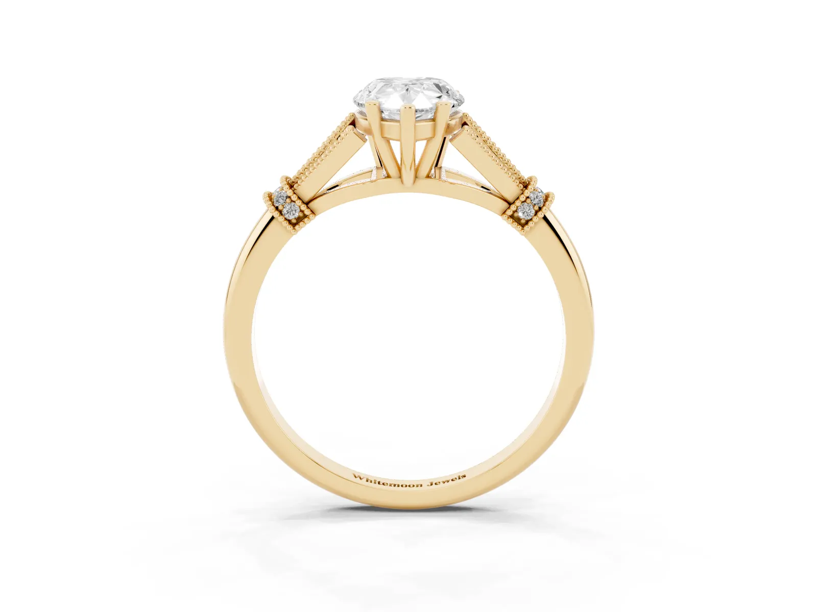 Pear Cut Diamond Solitaire Ring with Floral Filigree and Pave Accents Yellow gold